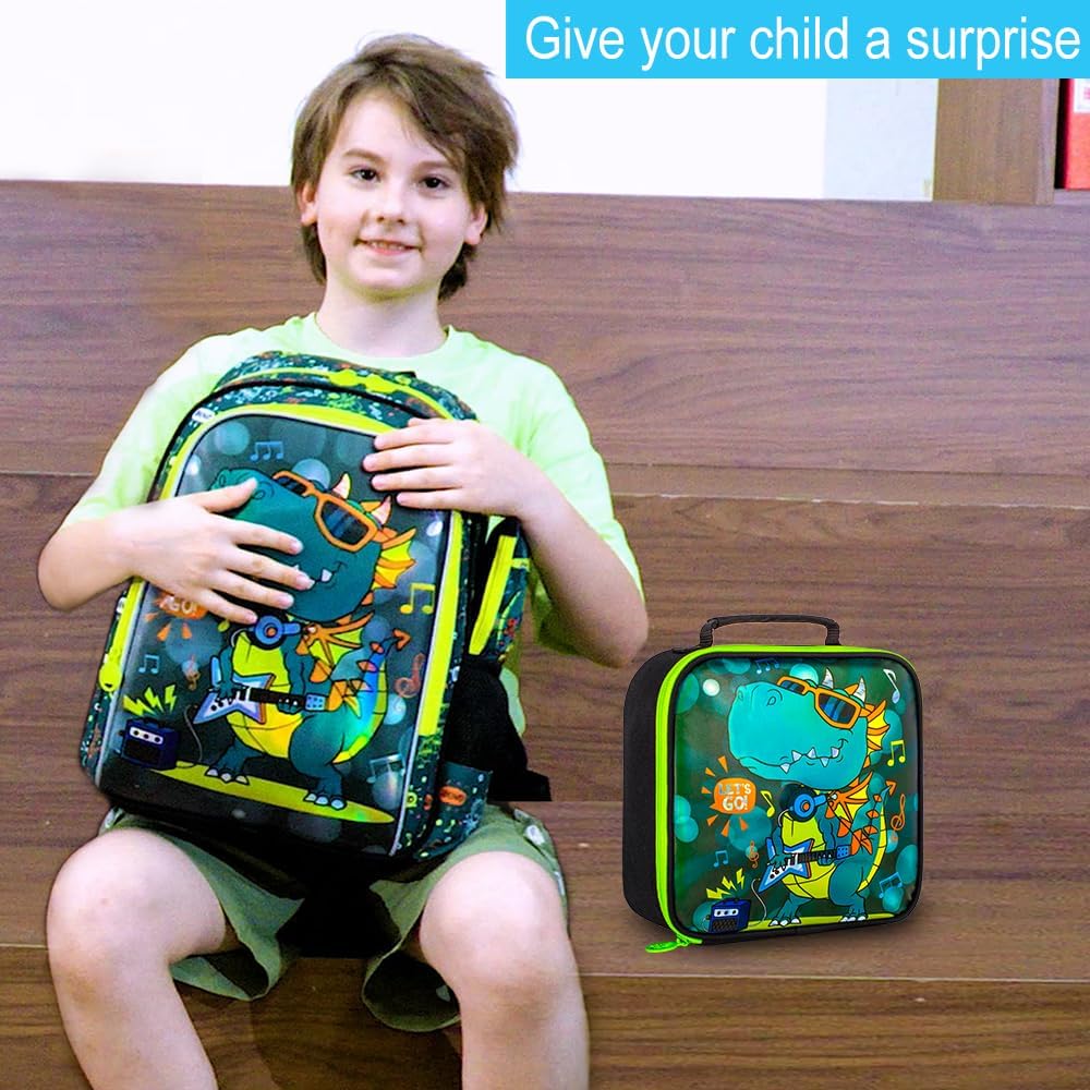 Boys Backpack, 16" Dinosaur Kids Bookbag with Lunch Box, 3Pcs Dino School Backpacks for Elementary