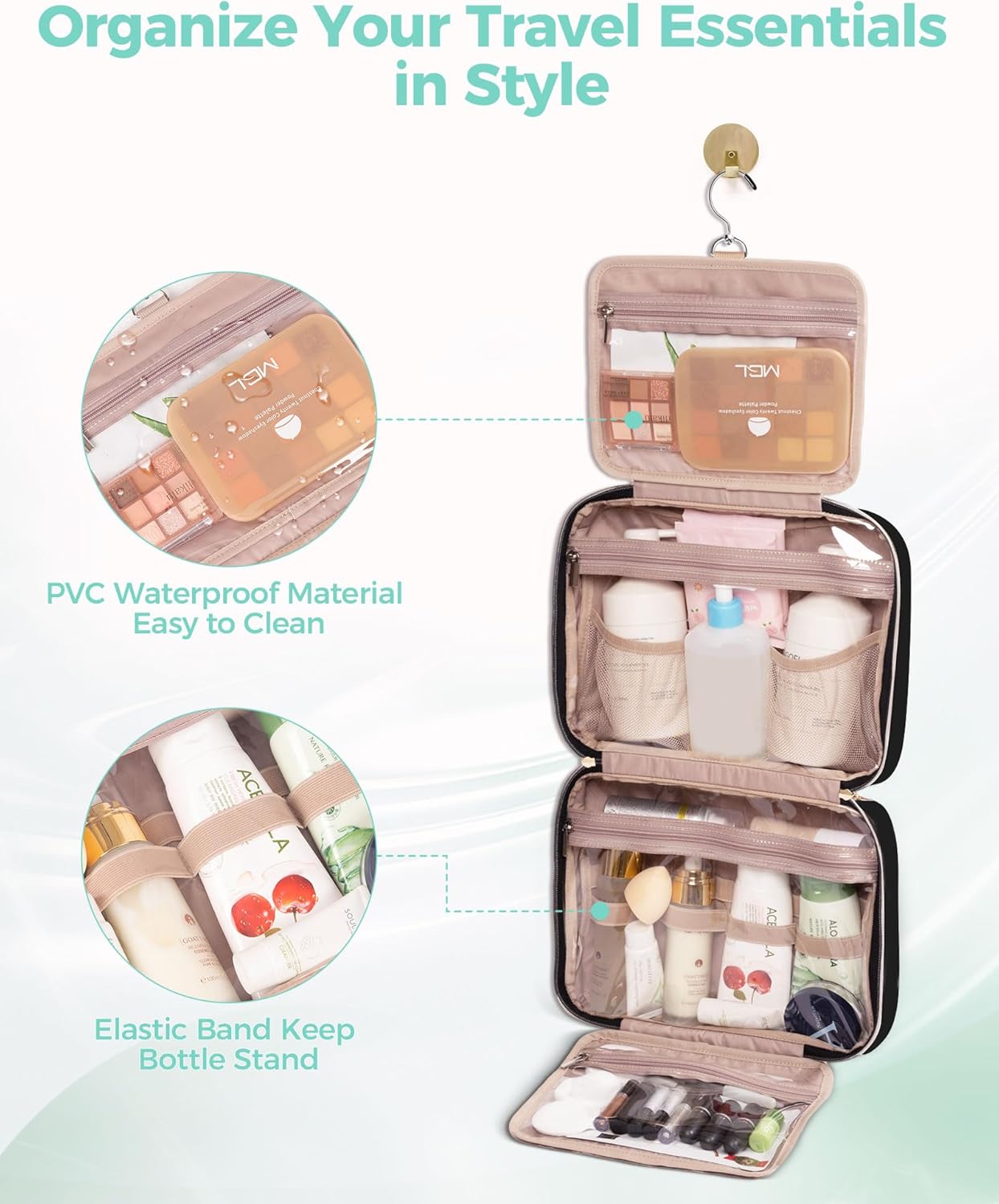 Travel Hanging Toiletry Bag for Women,Makeup Bag Cosmetic Organizer Waterproof with Hanging Hook Multiple Pockets for Women Travel Essentials Black