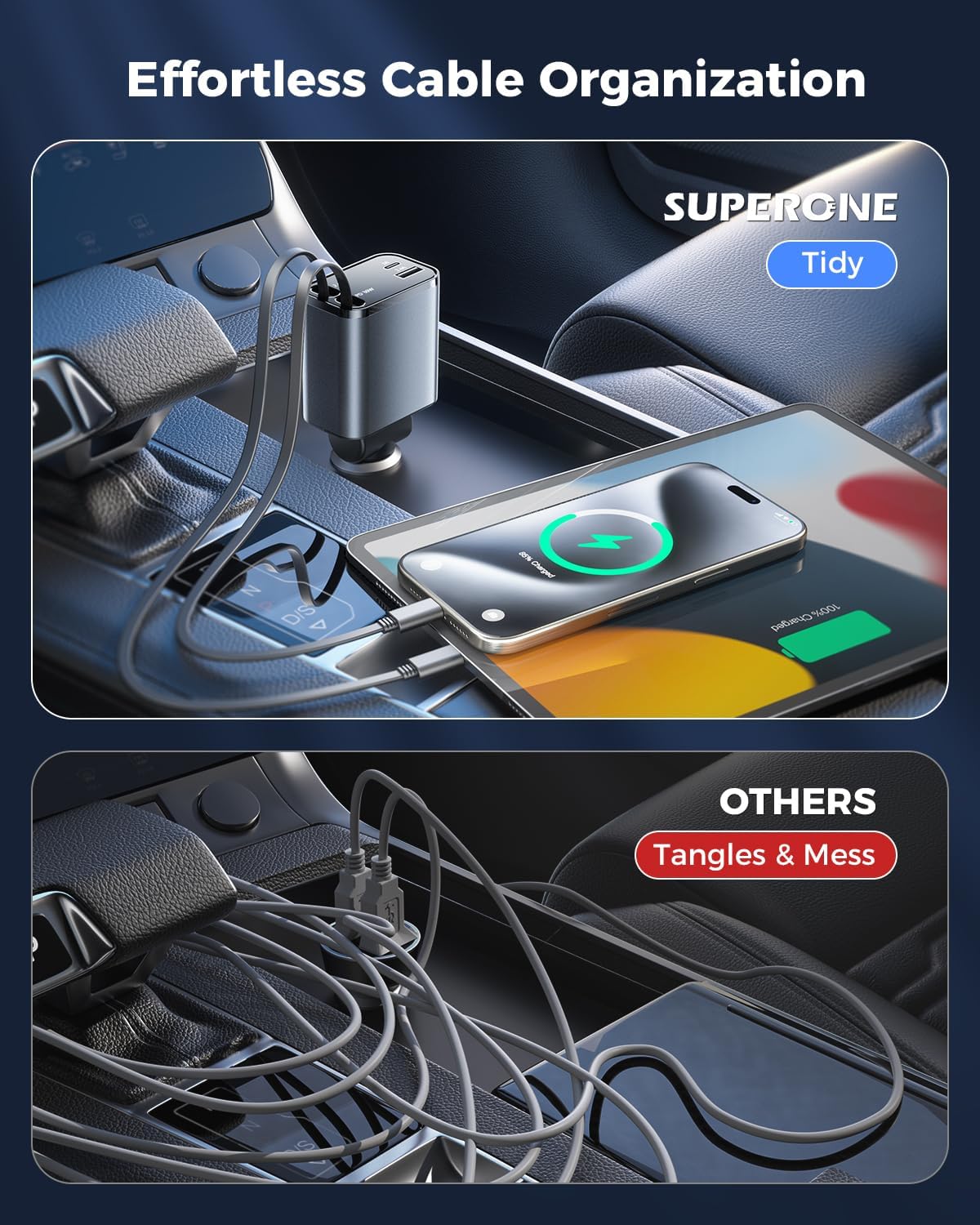 SUPERONE Smaller 4 in 1 Retractable Car Charger with Dual Type C Cords, 69W Fast Retractable USB C Car Charger, Car Accessories Car Chargers for iPhone 17 16 15 14 13 12 Galaxy Pixel