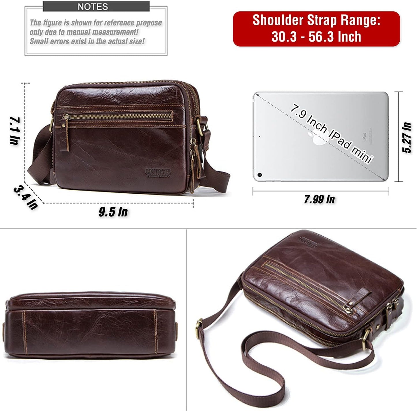 Top Grain Leather 8.3" Messenger Bag for Man & Woman, Multi Pockets, Fits to 7.9"/8.3" iPad for