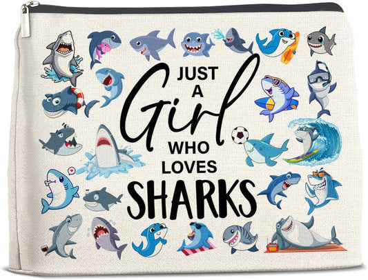 Shark Gifts Makeup Bag Sharks Lover Gifts Shark Gifts for Women Friend Sister Girl Birthday, Just a Girl Who Loves Sharks Zipper Makeup Pouch