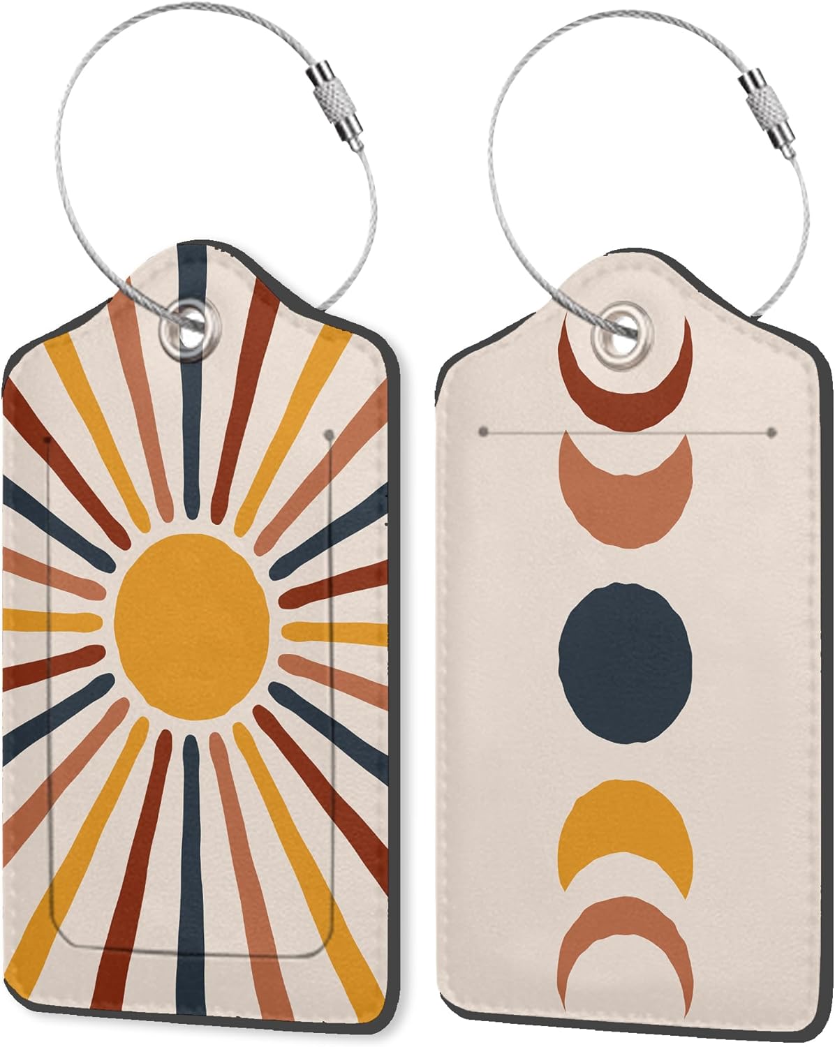 Set of 2 Luggage Tags for Suitcases, Leather Abstract Sun Moon Modern Boho Style Baggage Tags with