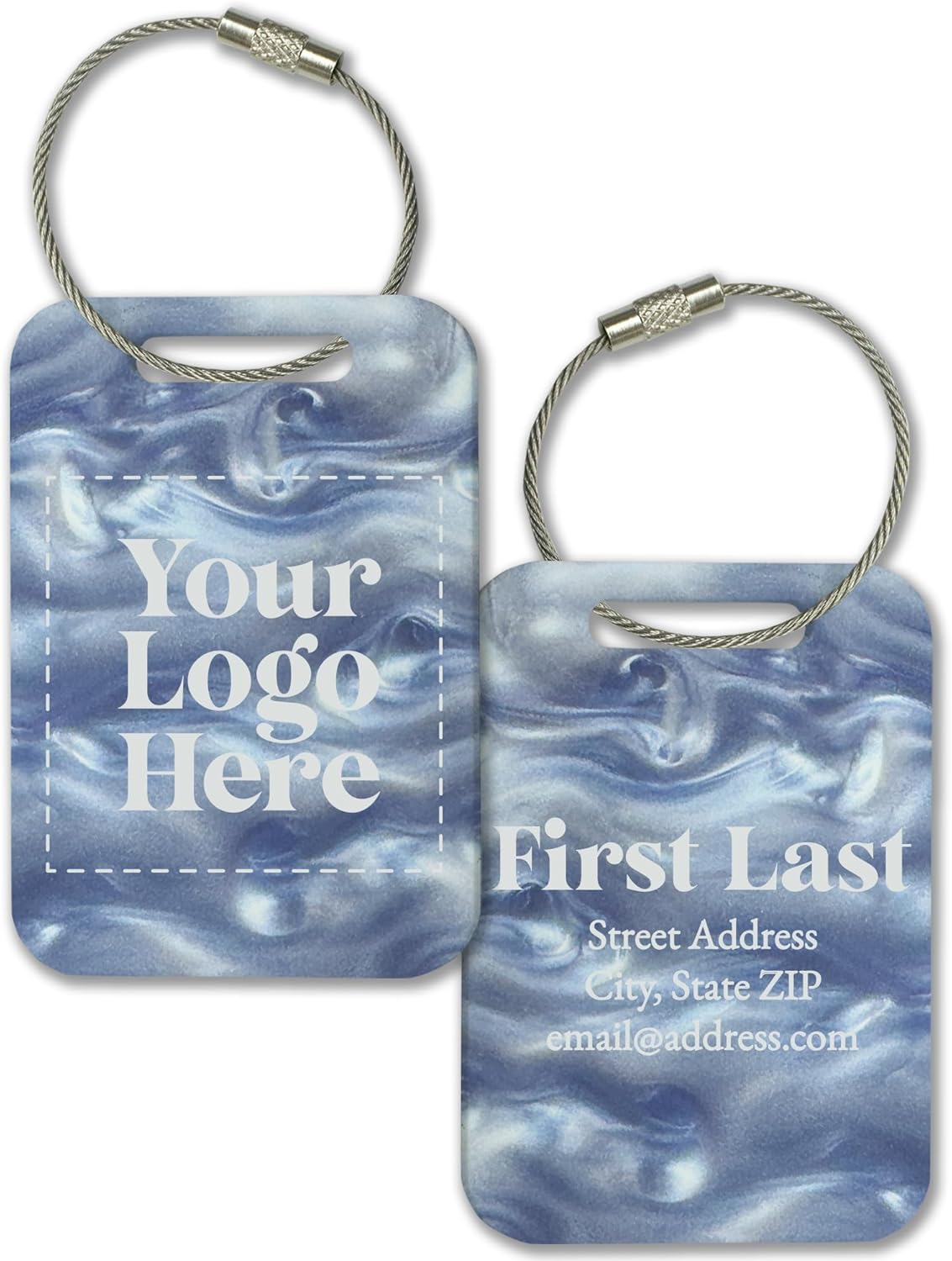 Personalized Logo Name Tag for Luggage (3 or 6 Count Pack) | Custom Tag for Suitcase | Acrylic Name Tag for Travel | Choose Your Font & Color | Backpack ID Label (Logo, Blue Marble)