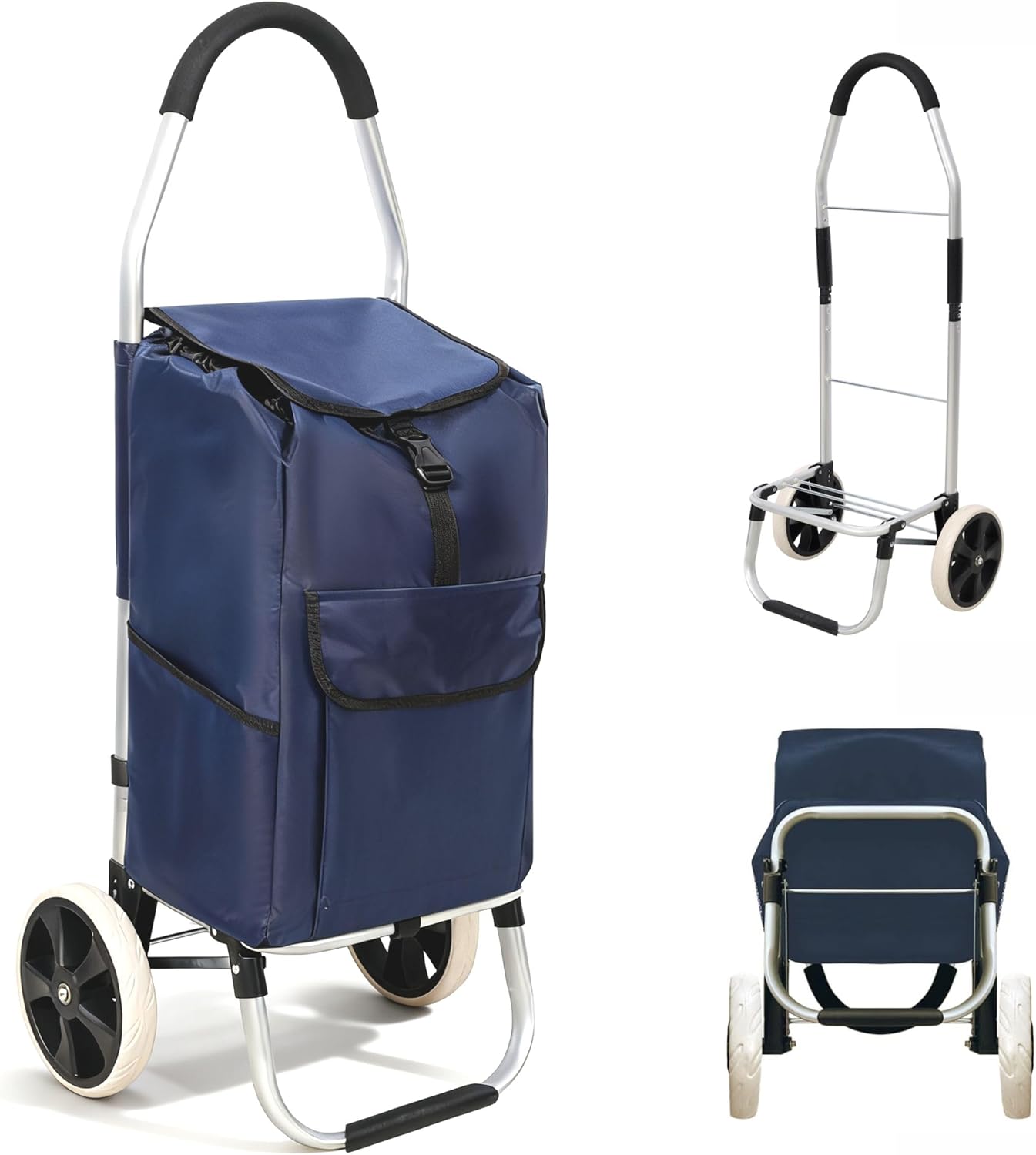 Heavy Duty Foldable Shopping Trolley with Wheels Oxford Waterproof Cart Removable Bag for Groceries Laundry Travel (Blue-2 Wheels)