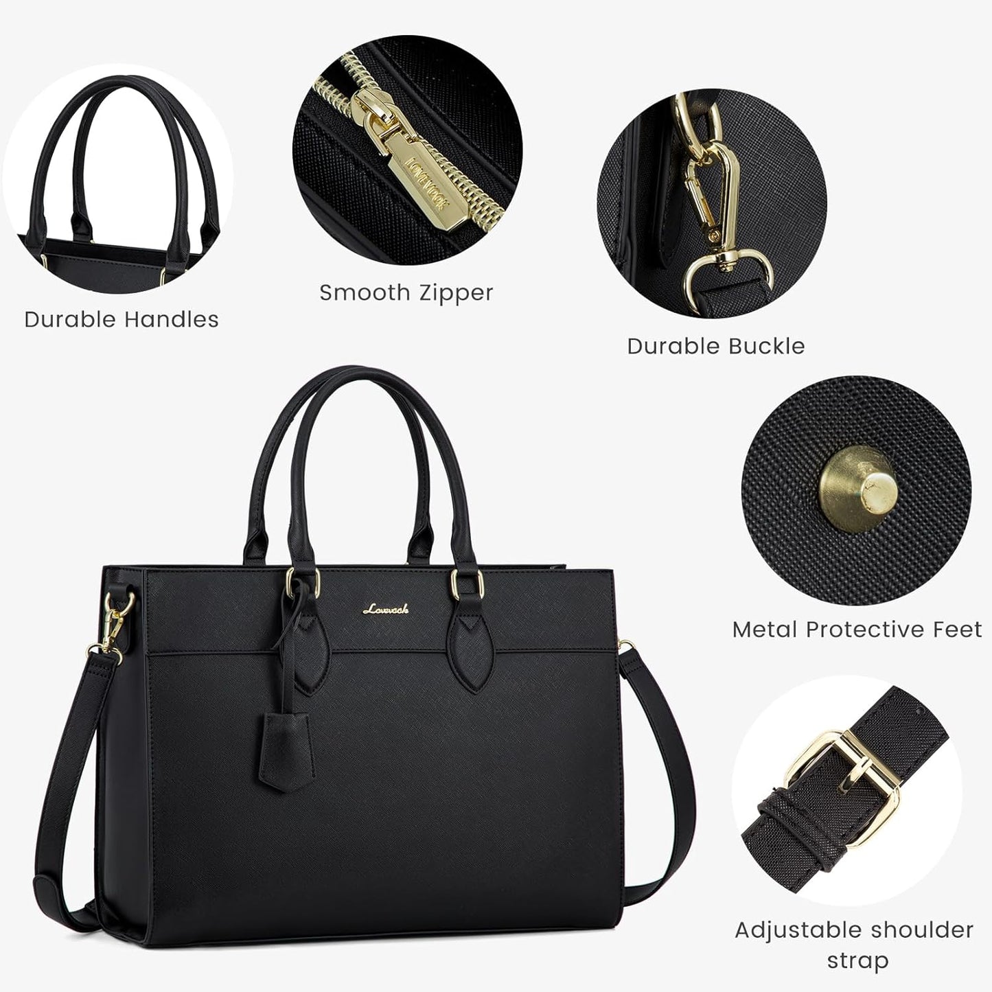 LOVEVOOK Laptop Bag for Women, 15.6 inch Laptop Tote Computer Briefcase for Work Large Waterproof Handbag Professional Shoulder Bag for Women Business Office, Black