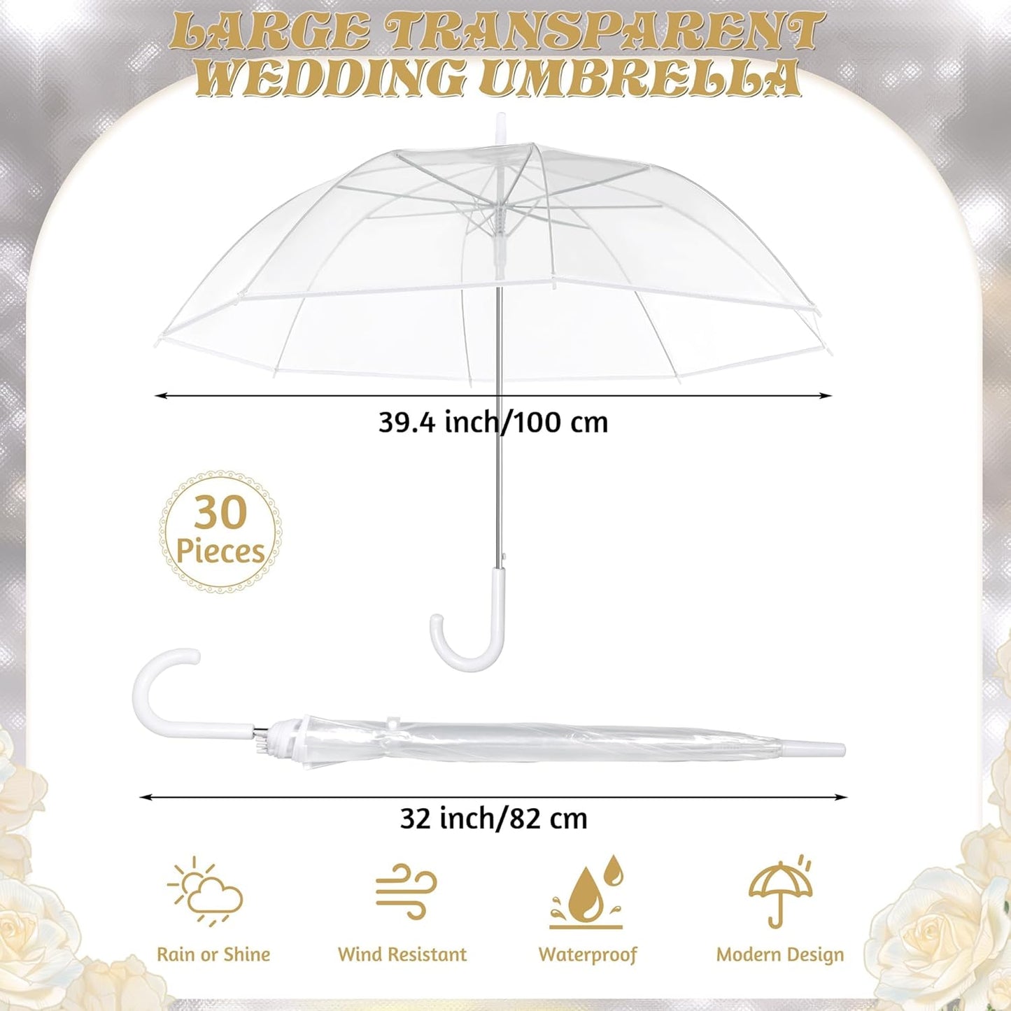 Aodaer Clear Wedding Umbrella with Foldable Storage Box Transparent Auto Open Stick Umbrellas Windproof Large Canopy Umbrella with J Hook Handle for Outdoor Activities, Wedding Photography