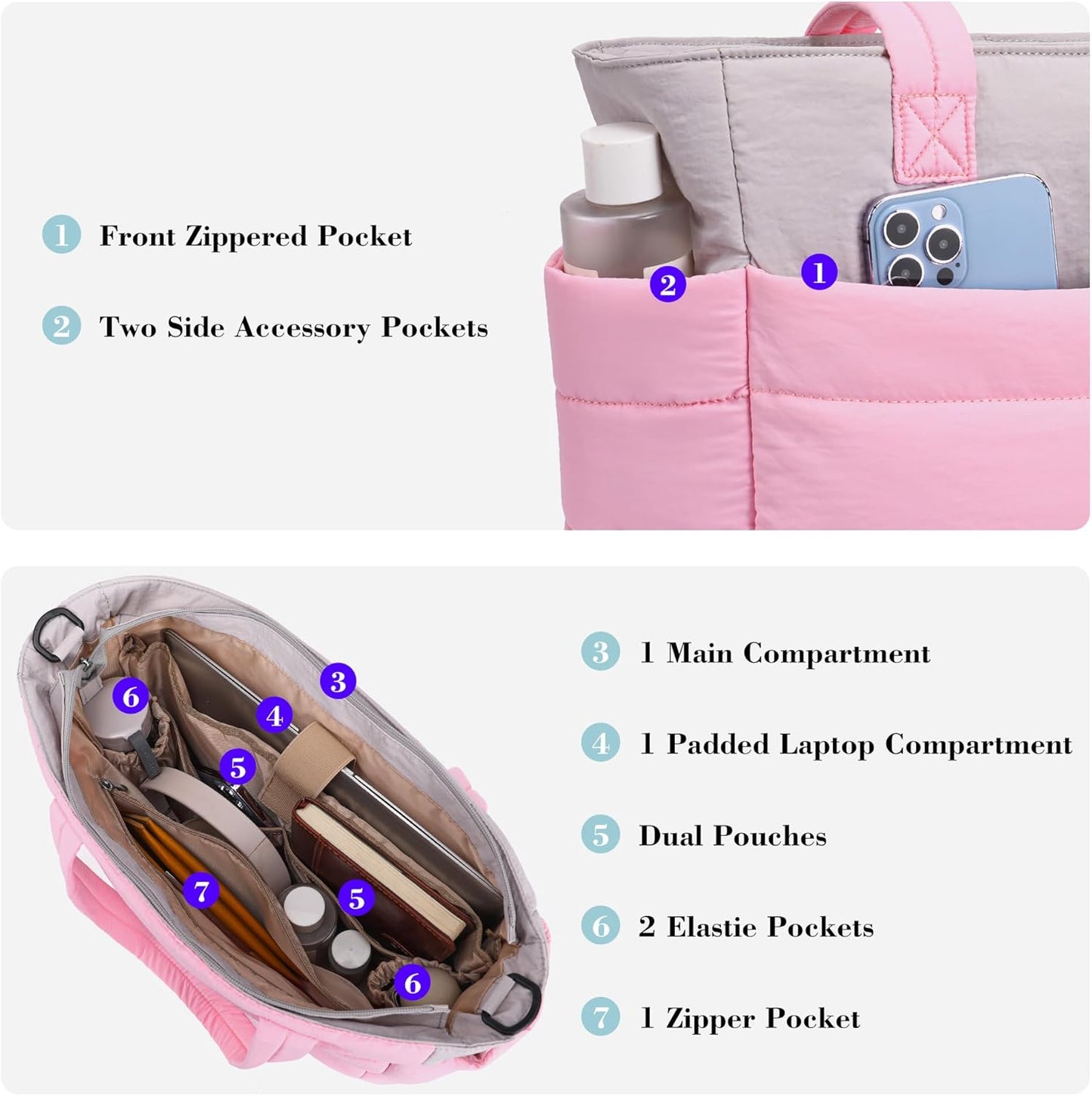 AOCINA Puffy Tote Bag for Women Quilted Work Bag Nurse Bags Women's Handbags for Travel