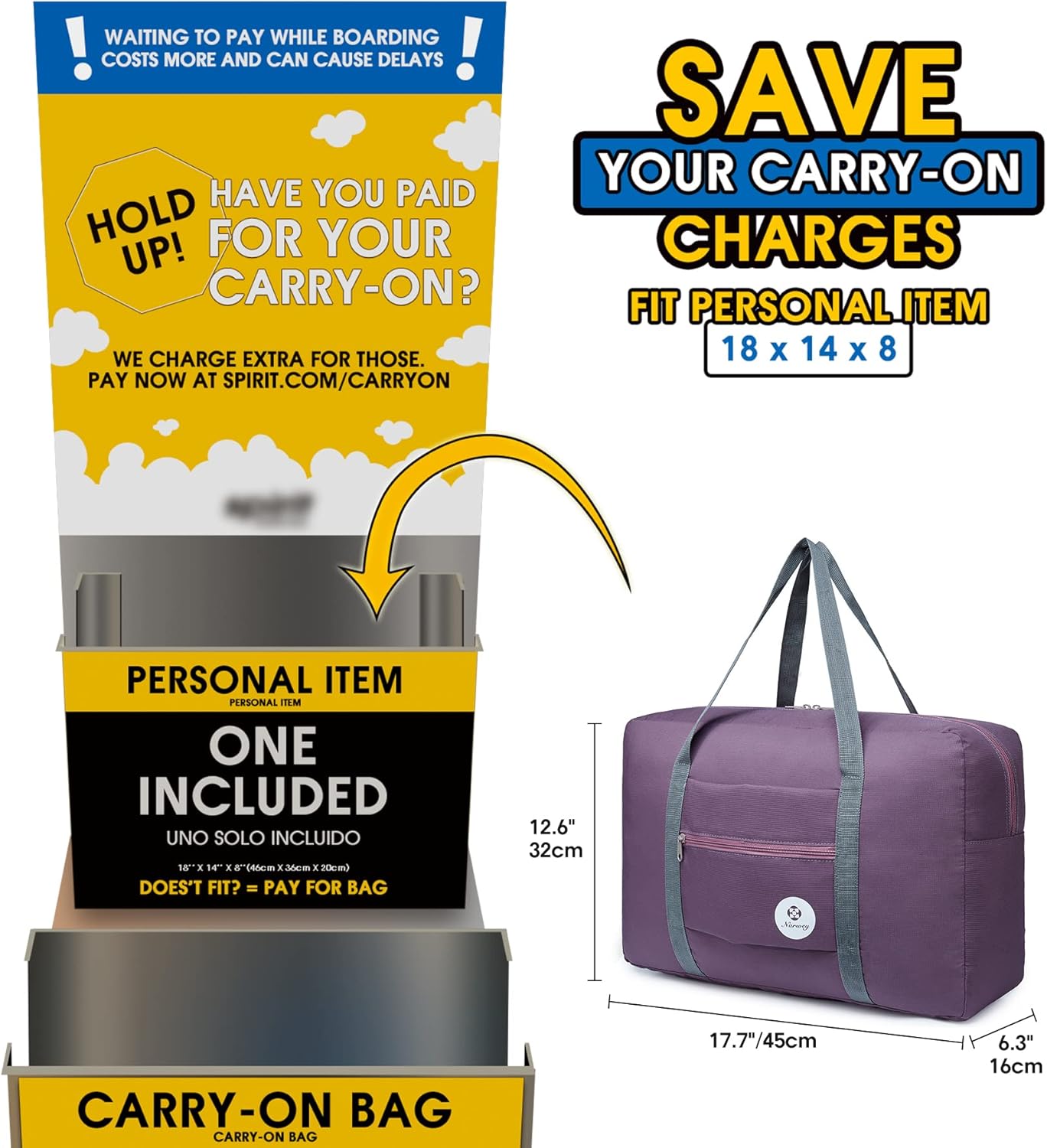 For Spirit Airlines Personal Item Bag 18x14x8 Foldable Travel Duffel Bag Tote Carry on Luggage