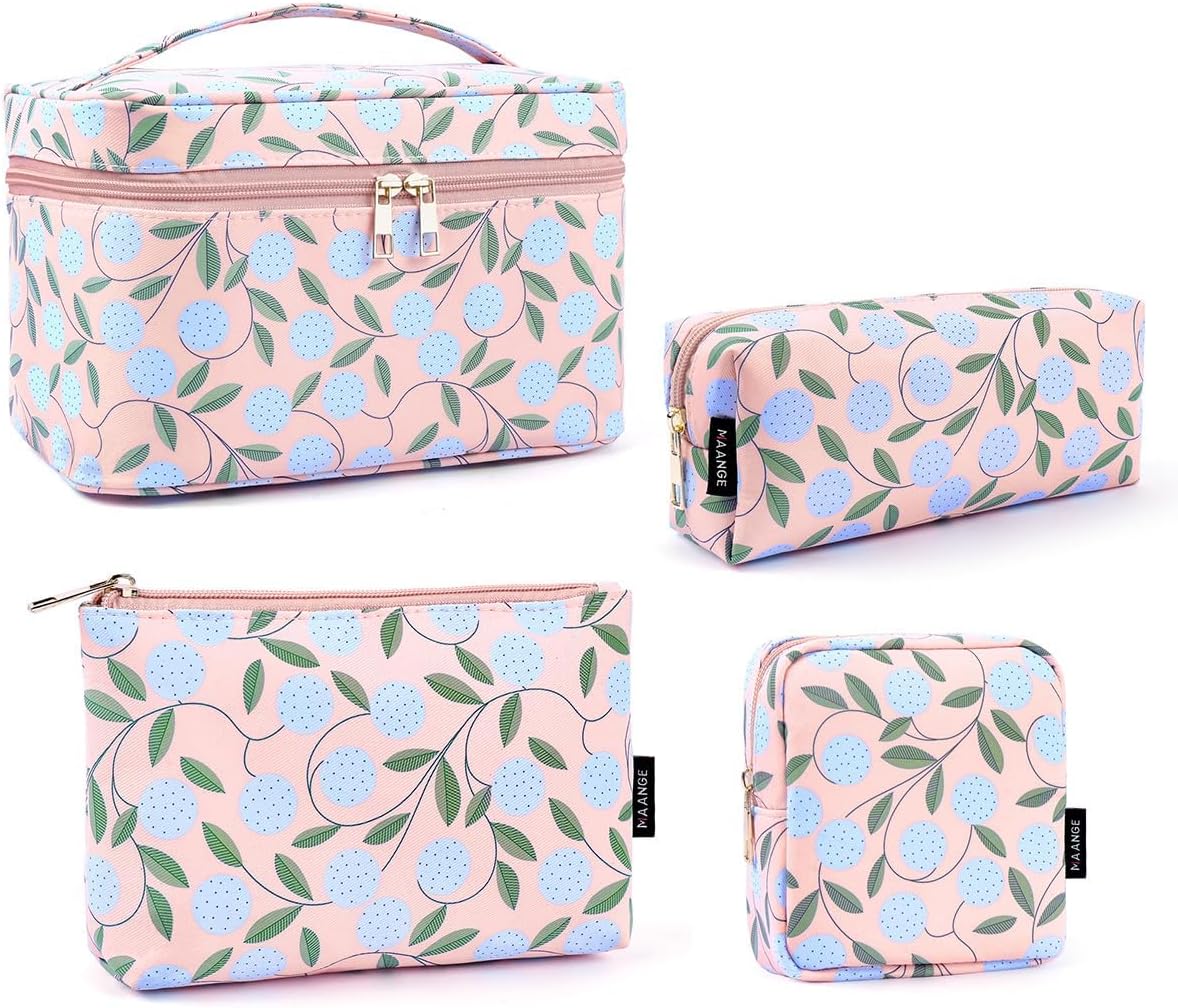 MAANGE 4PCS Makeup Bag for Women, Cosmetic Bag Set, Portable Large Travel Makeup Bag, Bolsa de Maquillaje, Impermeable Oxford Cloth Make Up Organizer with Gold Zipper(Pink Plants)