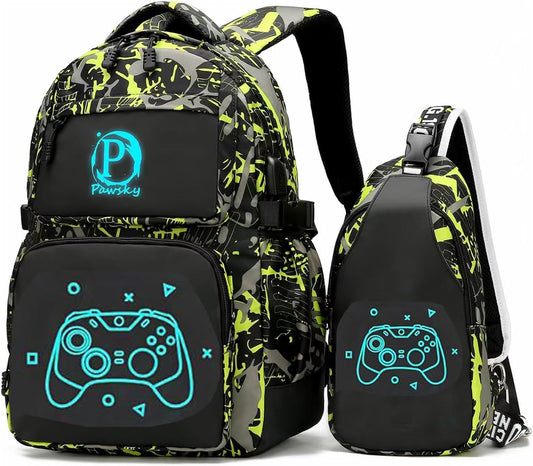 School Backpack for Teen Boys, College School Bookbag Lightweight Laptop Bag with USB Charging Port Luminous Backpack with Sling Bag Set, Green