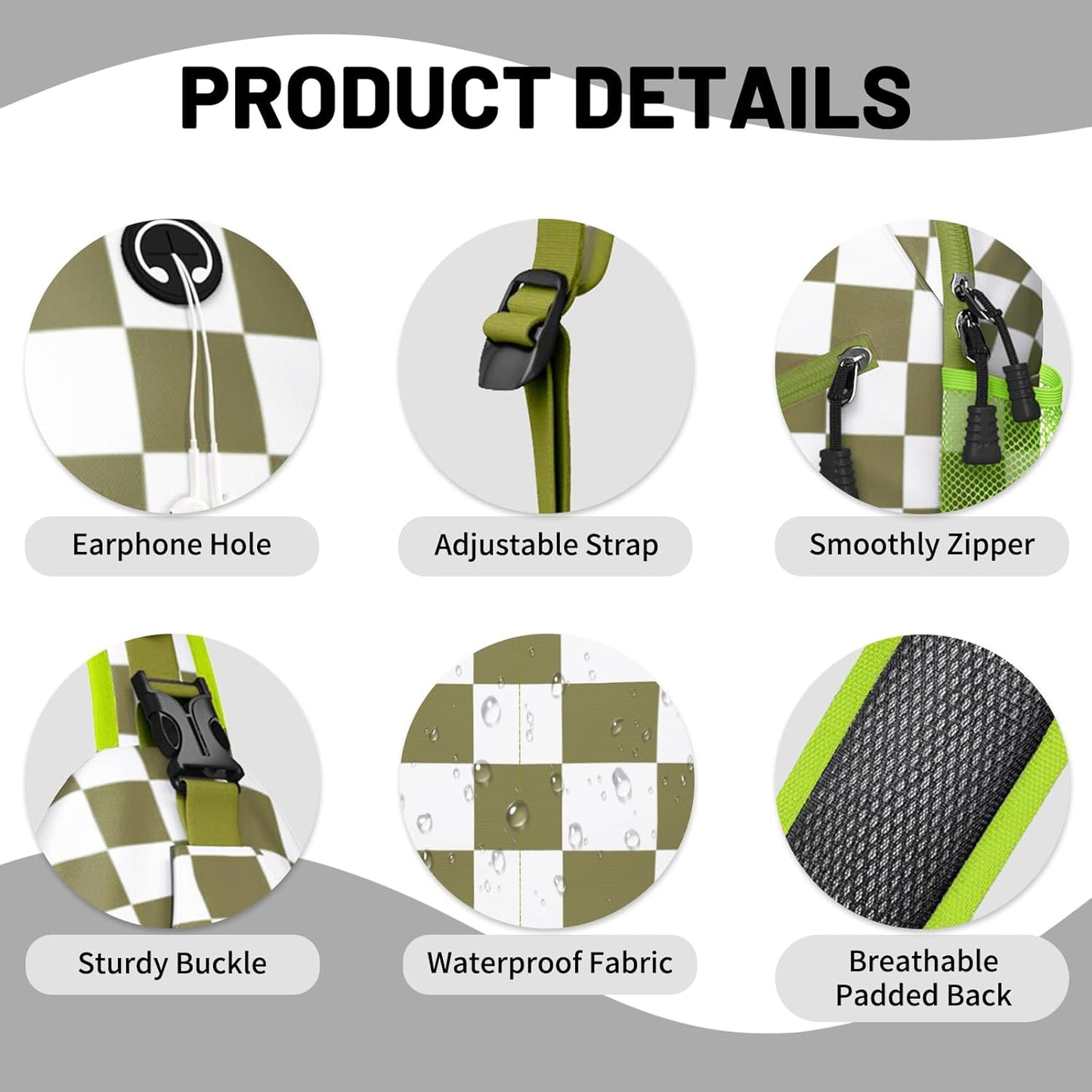 Green White Checkered Sling Bag Crossbody Chest Bag for Women Men, Water Resistant Lightweight Casual Crossbody Bag with Adjustable Strap, Travel Hiking Daypack Shoulder Backpack