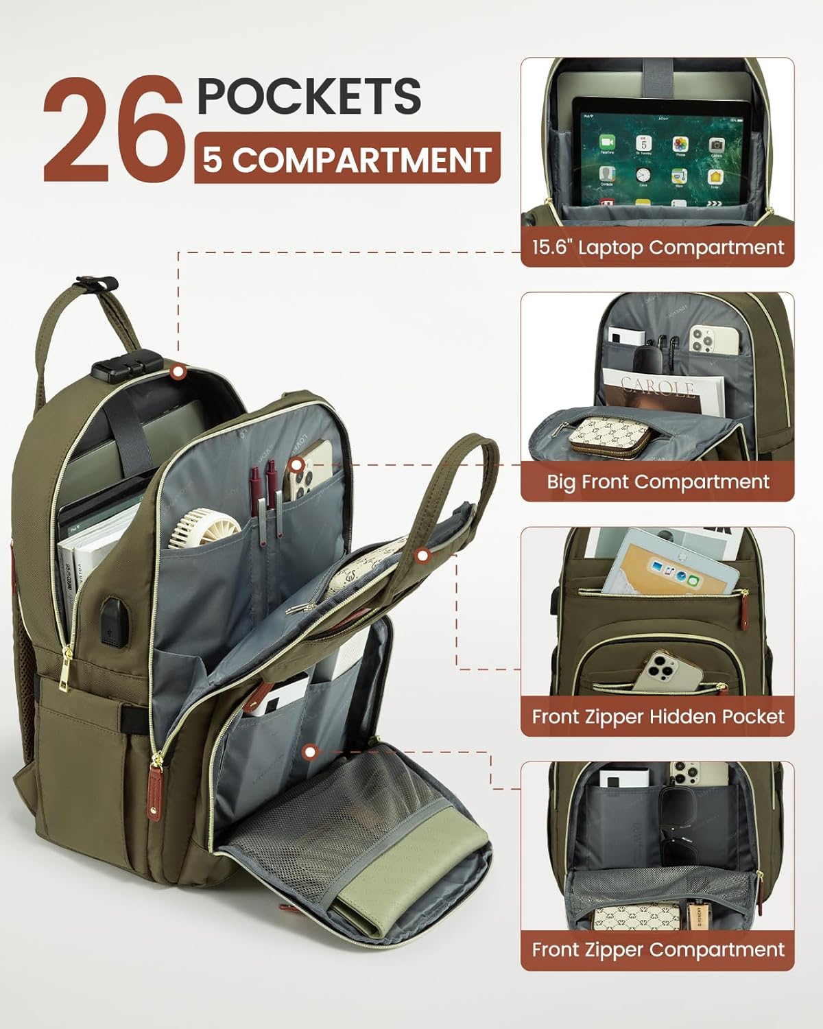 LOVEVOOK Laptop Backpack for Men & Women Unisex Travel Anti-Theft Bag Business Work Computer Backpacks Purse College Bag, Casual Hiking Daypack with Lock, 15.6 Inch, Army Green