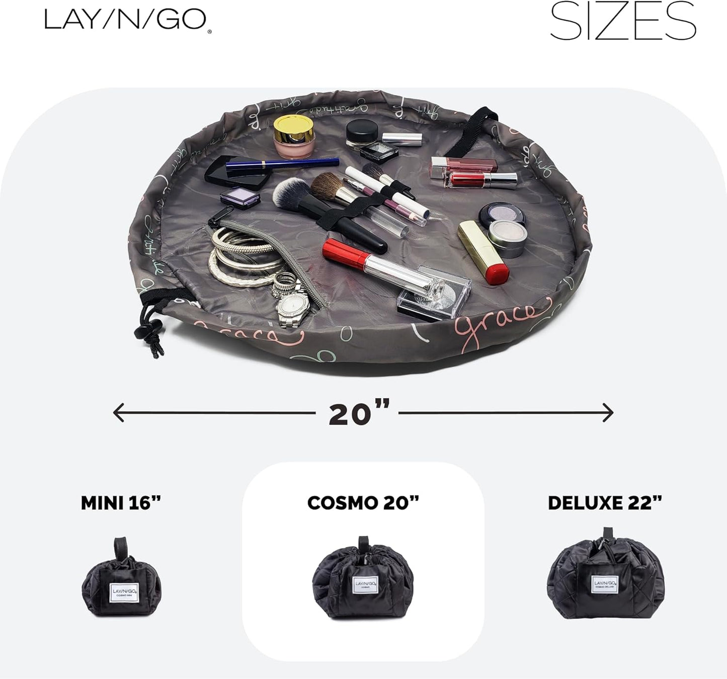 Lay-n-Go Cosmo Drawstring Cosmetic & Makeup Bag Organizer - Portable Drawstring Makeup Bag w/Zipper Pocket & More - Durable, Machine Washable Toiletry Bag for Travel (20", Grit Grace Gratitude)