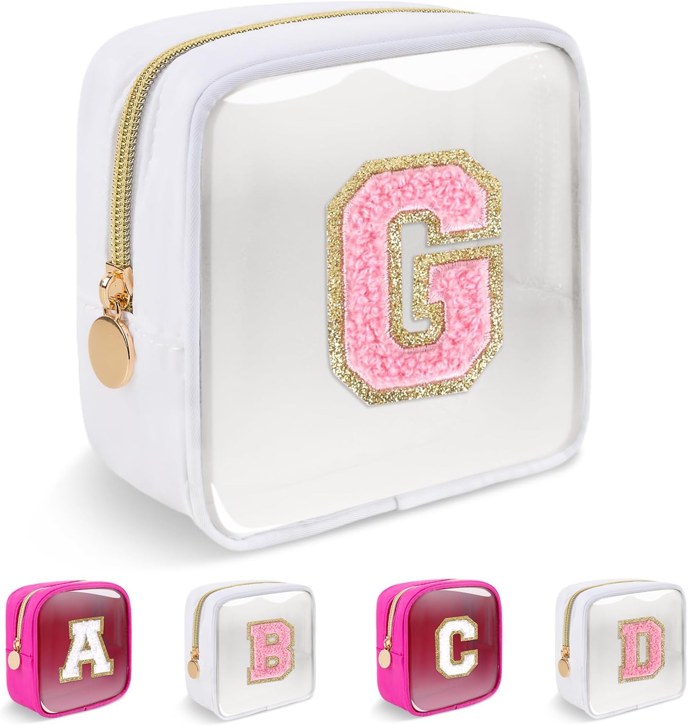 Personalized Initial Letter Clear Preppy Makeup Bag,Mini Nylon Chenille Letter Cosmetic Bag Cute