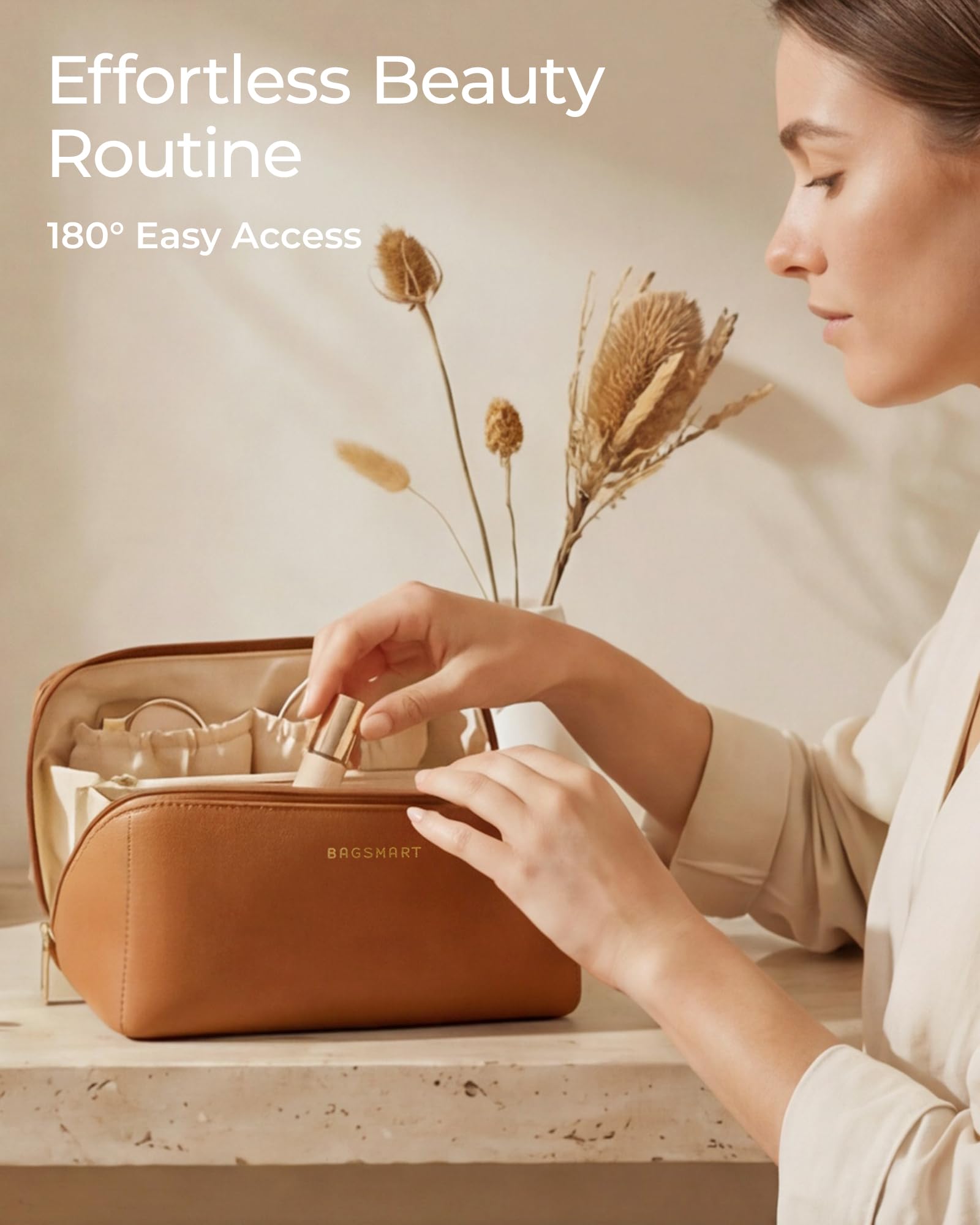BAGSMART Makeup Bag Travel Cosmetic Bag,Women Toiletry Case, Classic Brown