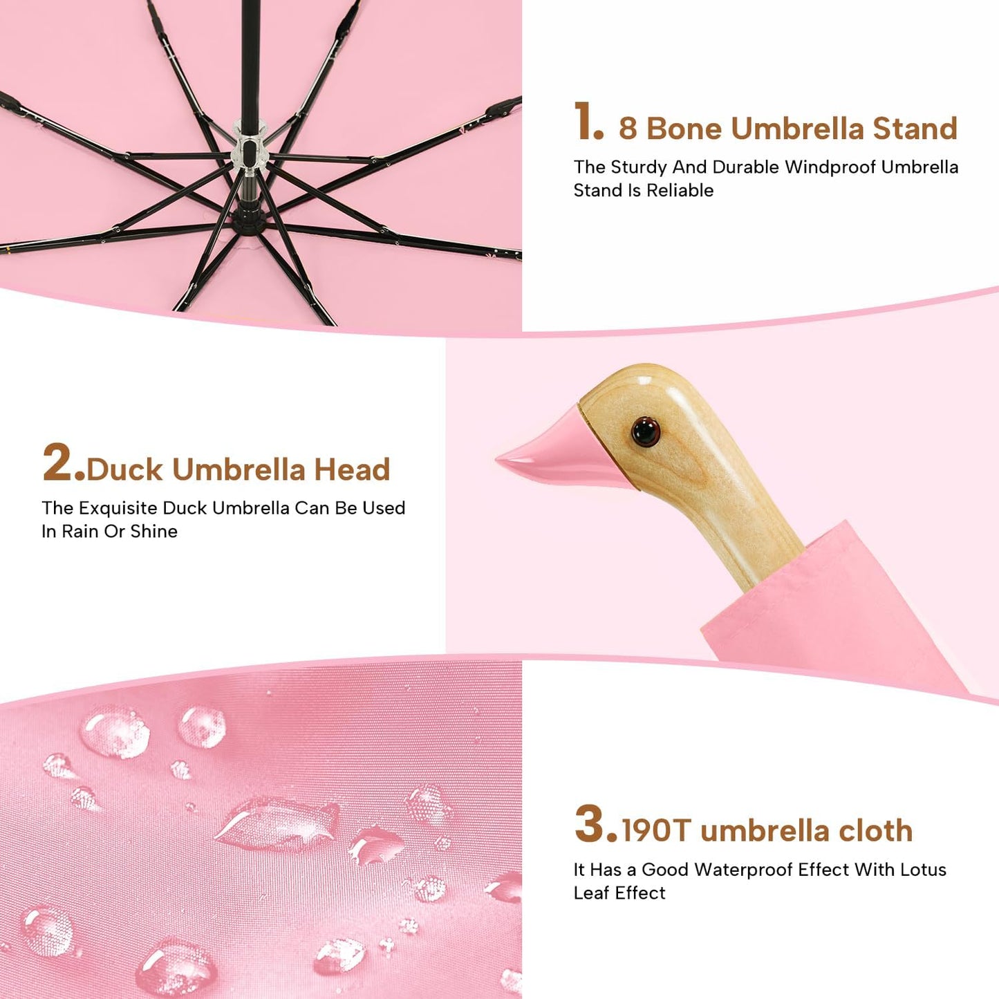 LEAGERA Compact Small Umbrellas for Rain&Sun, Cute Design Duck Head Umbrella for Girls Gifts, 8 Ribs Folding Umbrella with Wooden Handle