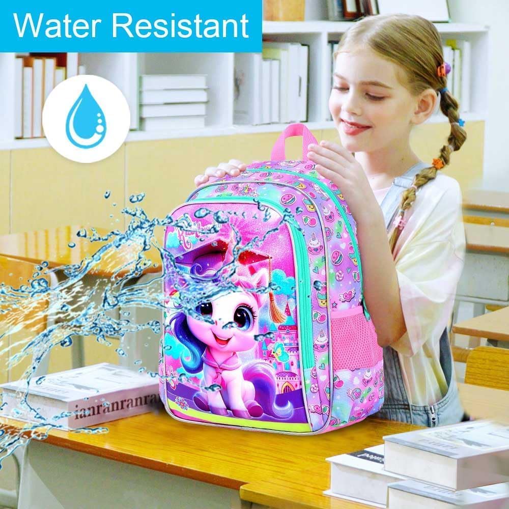 3PCS Unicorn Backpack, 16" Girls Bookbag with Lunch Box, Kids Water Resistant Elementary Prechool Toddler Shool Bag - Pink Dr. Unicorn
