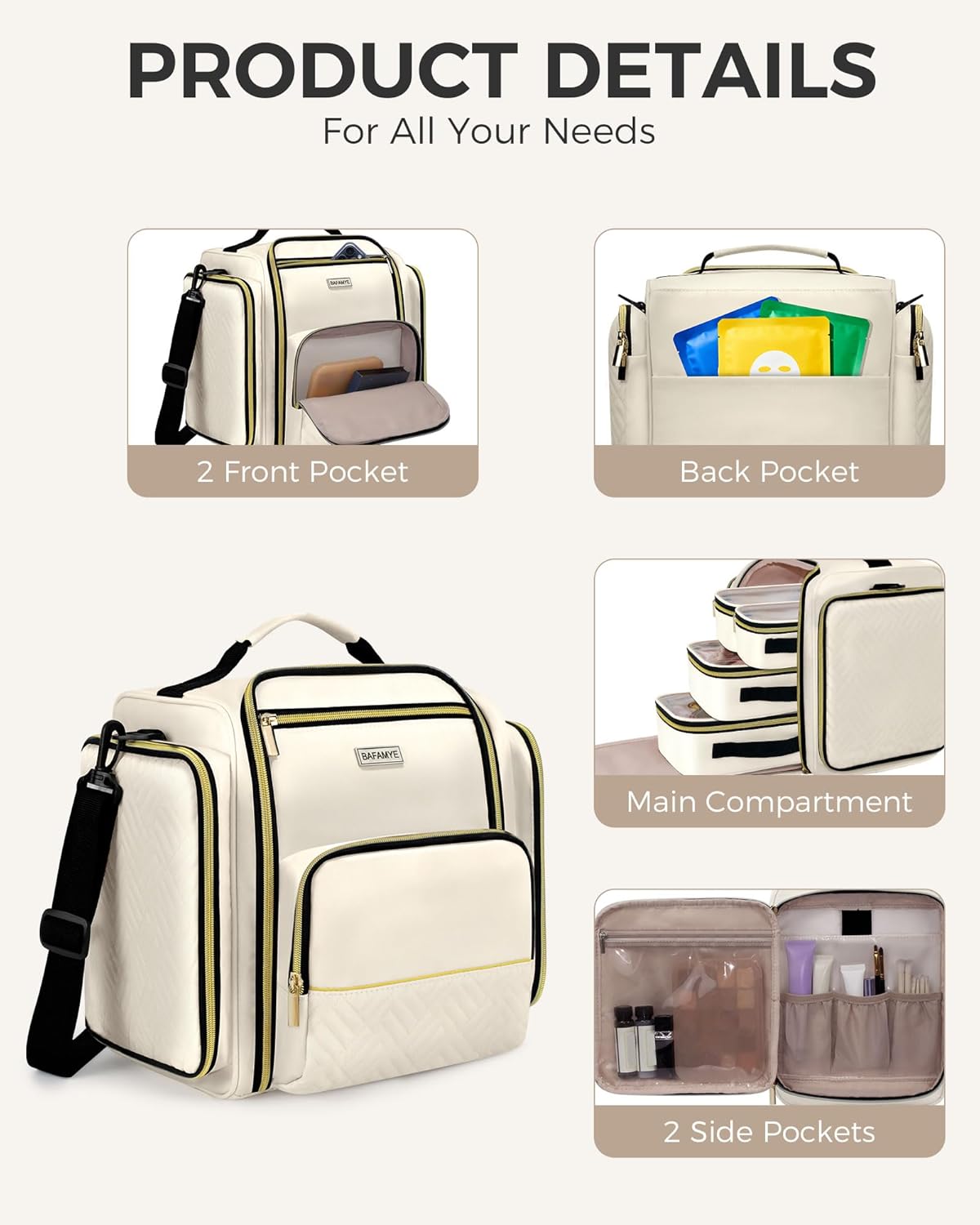 Large Travel Makeup Bag - Cosmetic Organizer with 4 Removable Inner Pockets, Multi-functional Toiletry Bag for Accessories & Brushes, Women's Beauty Case, Beige