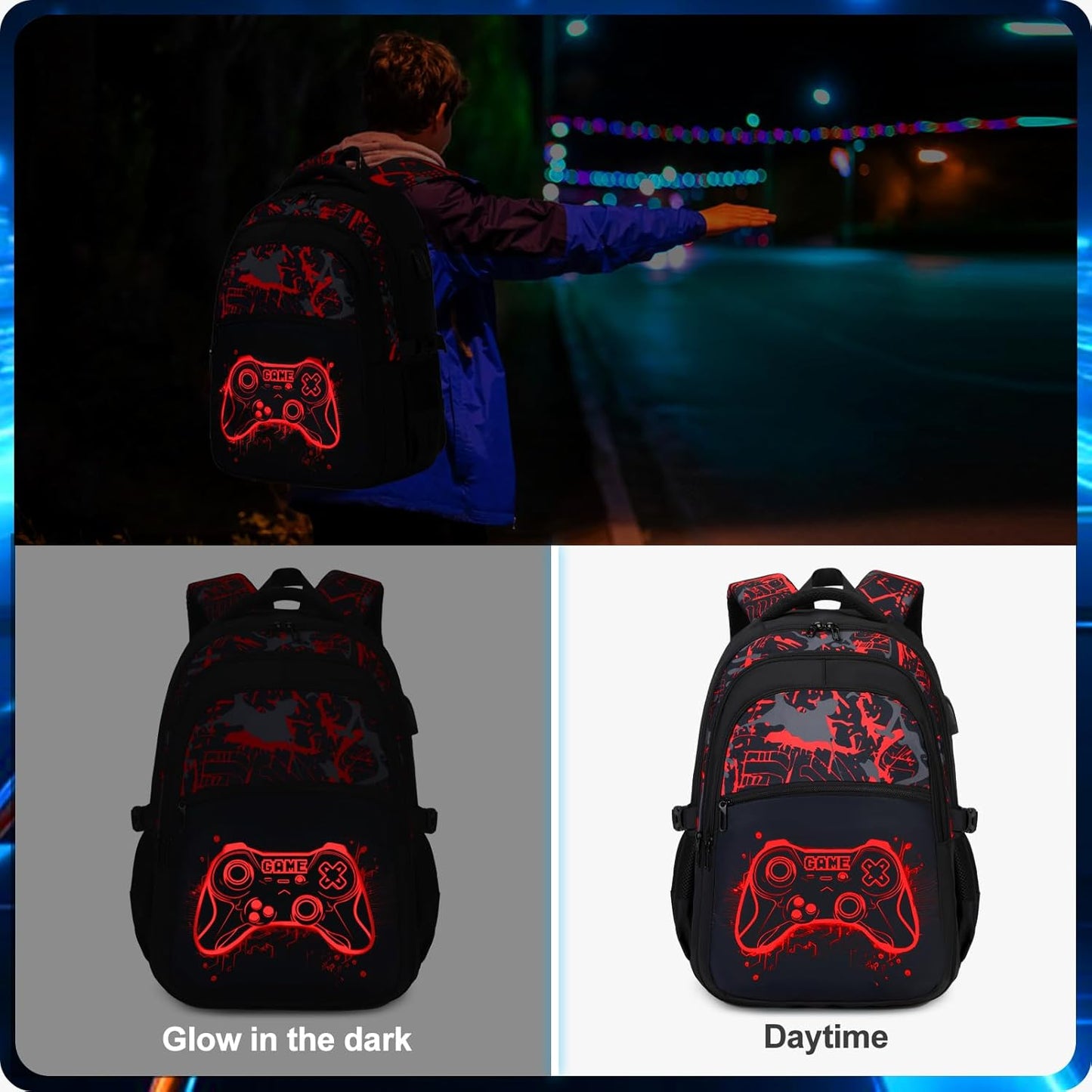 Boys Backpack for School, 3PCS Cool Luminous Gamer Backpack for Boys with Lunch Box Pencil Case, Kids Backpacks Bookbag for Teen Boy Elementary Middle High School with USB Charging Port