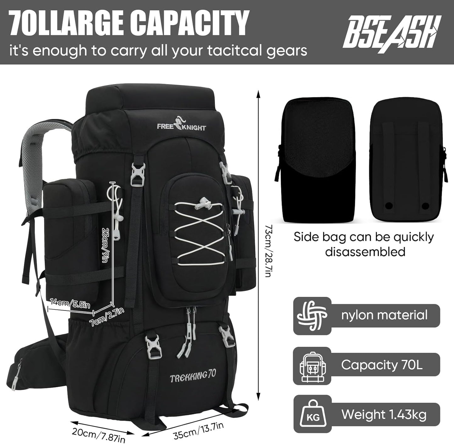 Bseash 70L (65+5) Waterproof Hiking Camping Backpack with Rain Cover, Outdoor Sport Travel Daypack for Climbing Touring (Black)