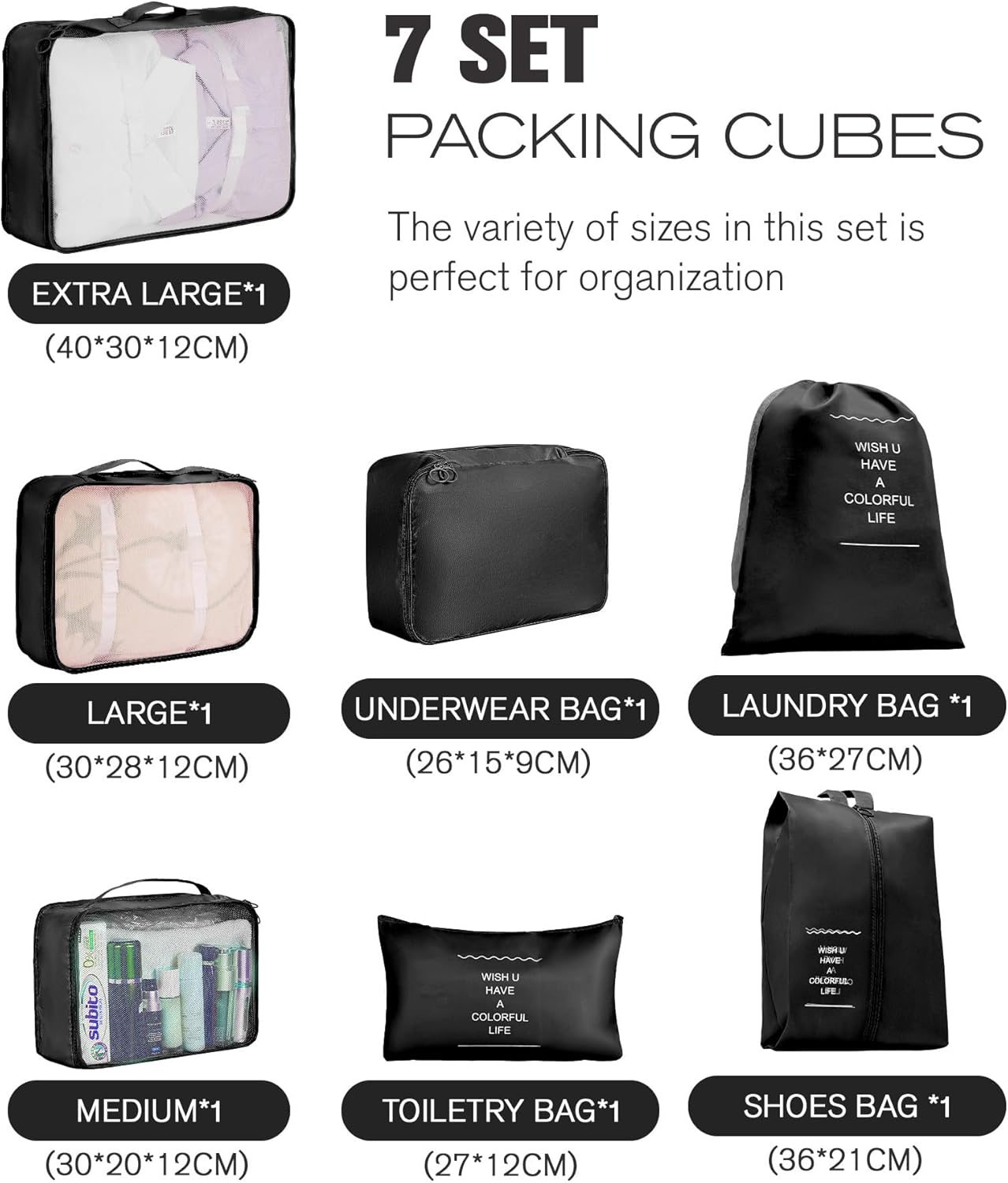 10 Piece Luggage Sets, 3 Piece Suitcase Set, 20 inch Carry on Luggage, 24 inch and 28 inch Checked Luggage with 7PC Packing Bags