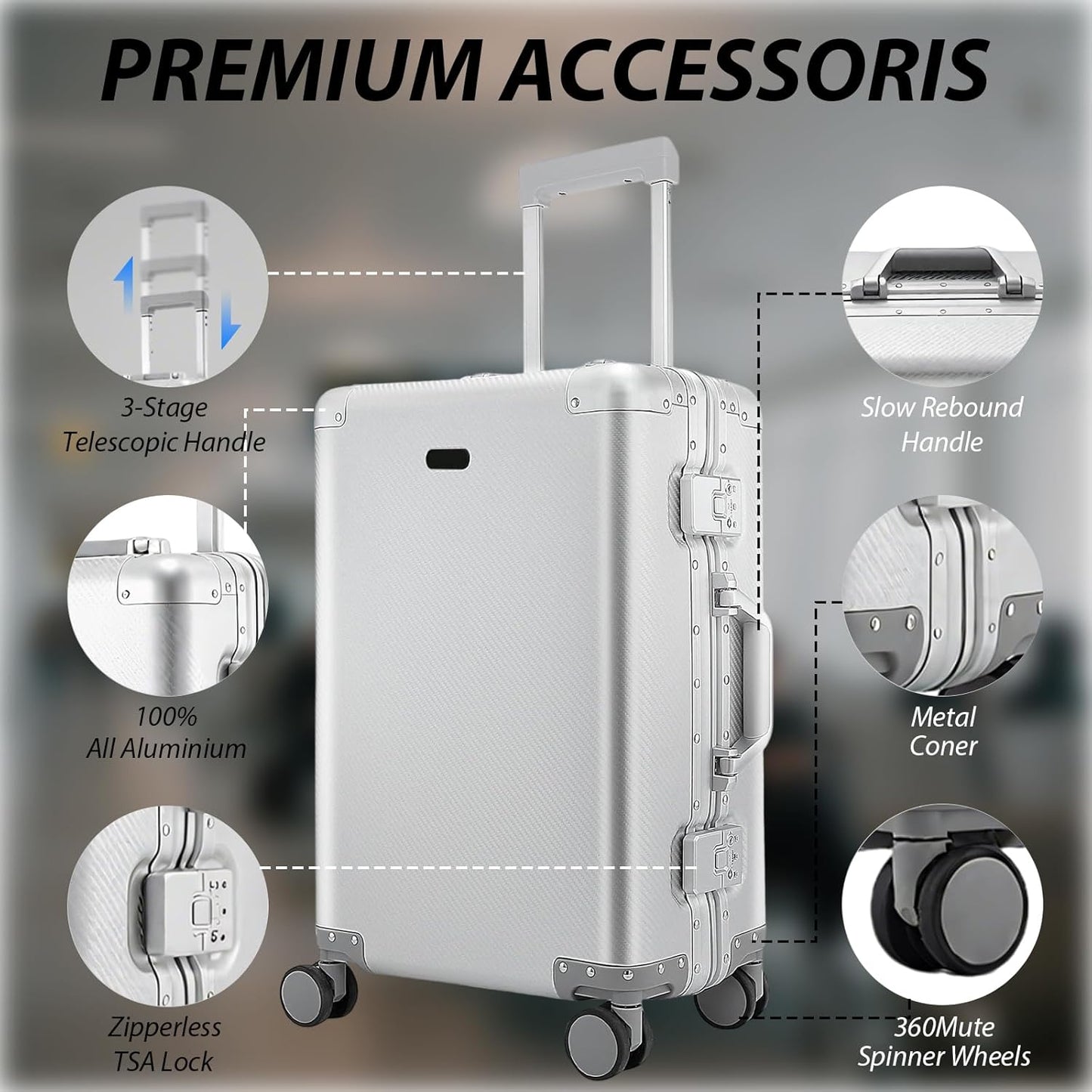 Tmore Aluminum Frame Luggage with No Need to Check in, Hardside Suitcase with Spinner Wheels, Metal Travel Luggage with Double Tsa Locks, 20 Inch, Silver Small