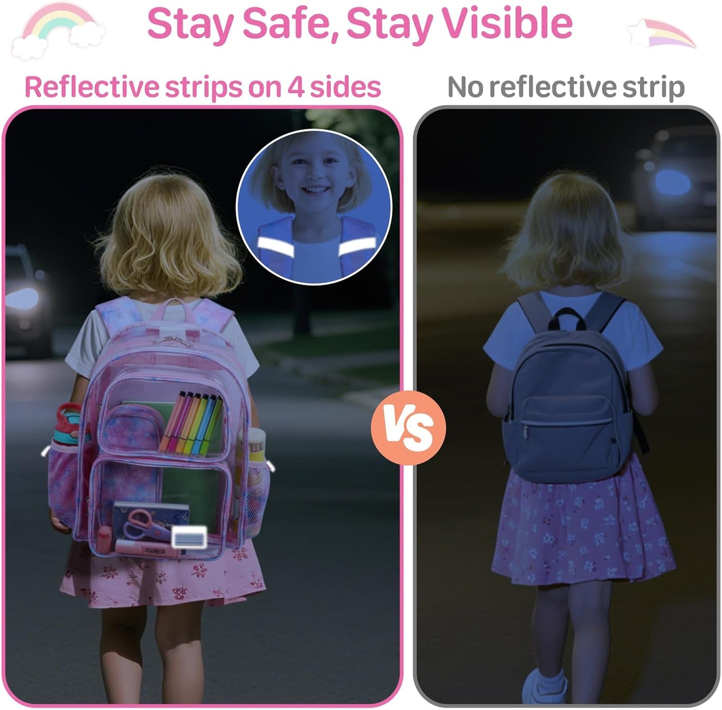 Bagseri Clear Backpack for Girls - 15 Inch Clear Bookbag for Kids Aged 3 to 8 Heavy Duty Transparent Backpack for School, Cute See Through Bag with Reflective Strip, Pink Tie-dye