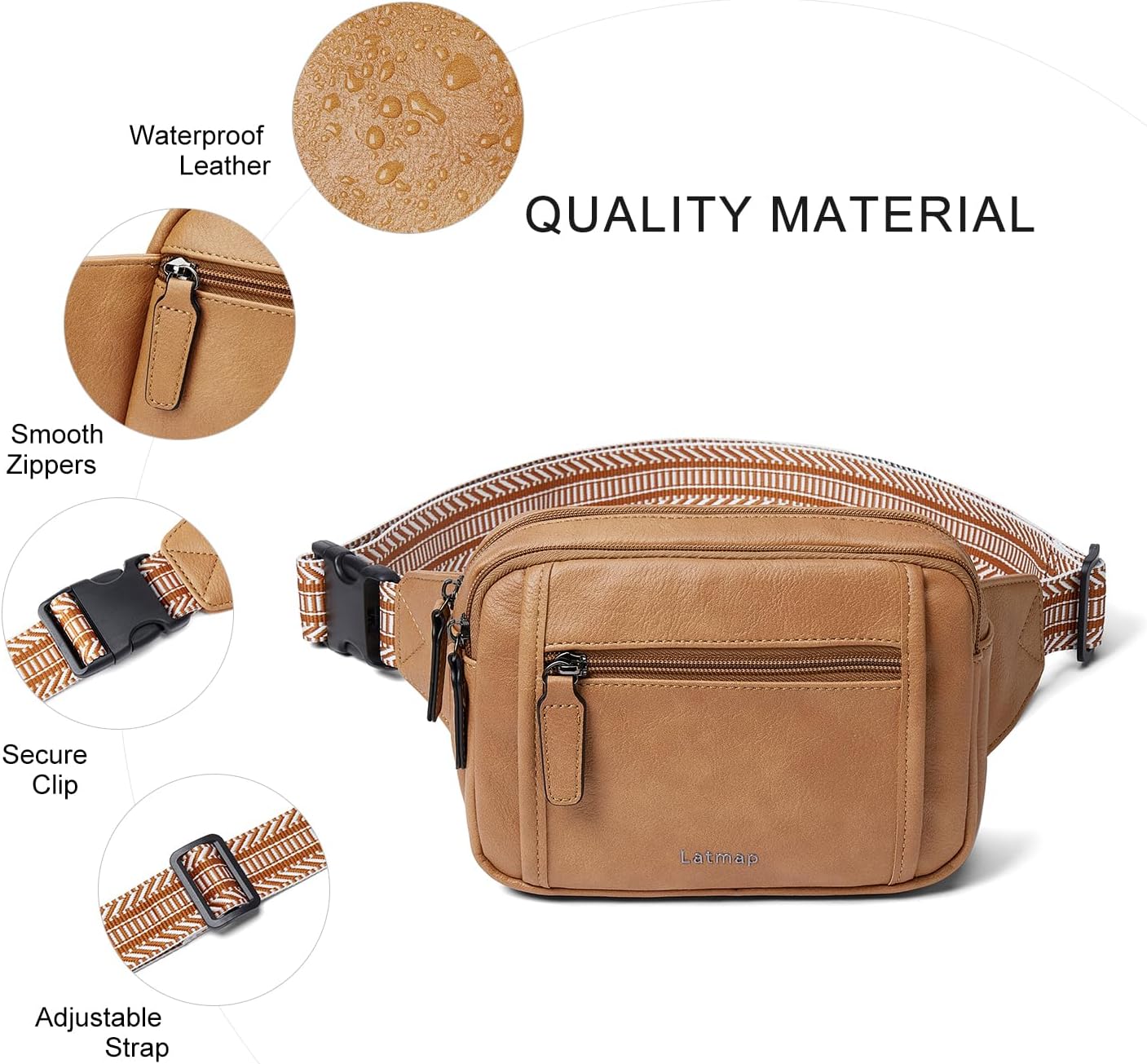 3L TRIPLE ZIP Fanny Packs Belt Bag For Women Men Crossbody Waist Pack Sling Chest Bum Travel Bag Purse Faux Leather Fashion Cute Tan