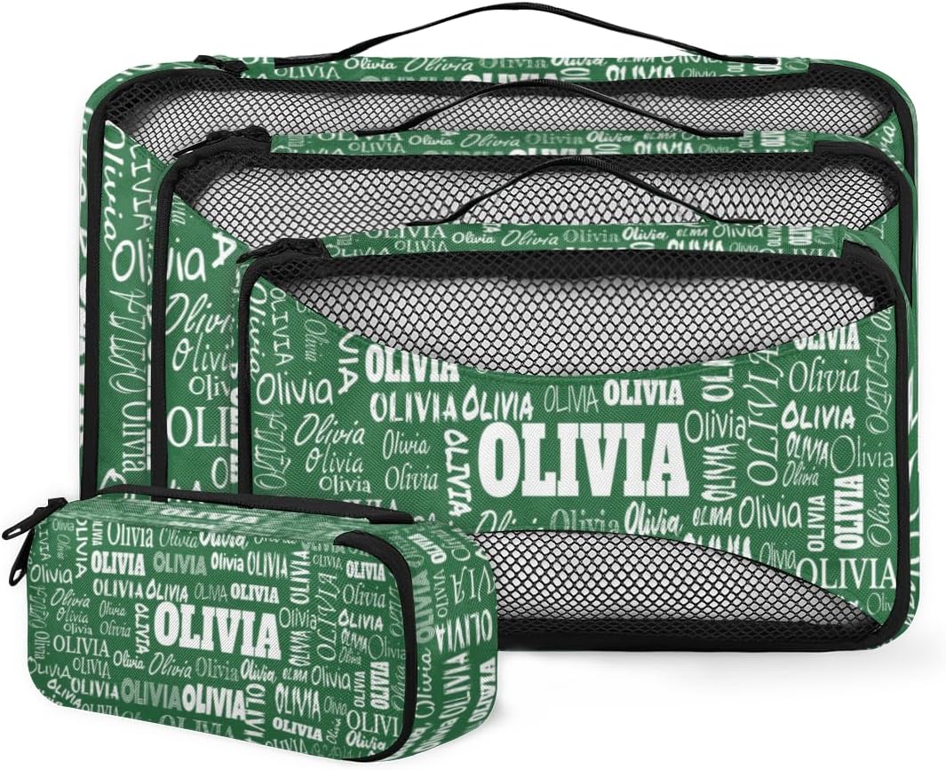 Personalized Compression Packing Cubes with Name, 4 Set Mesh Travel Organizer Bags for Carry on Women Men Boys, Luggage, Suitcase, Forest Green Solid Color