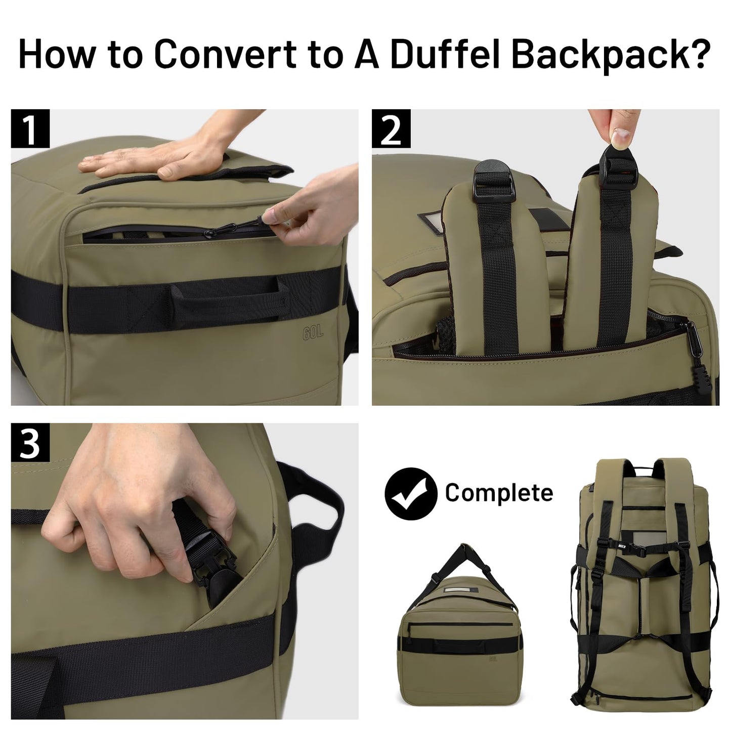 MIER 40L/60L/90L Water Resistant Backpack Duffel, Heavy Duty Duffle Bags