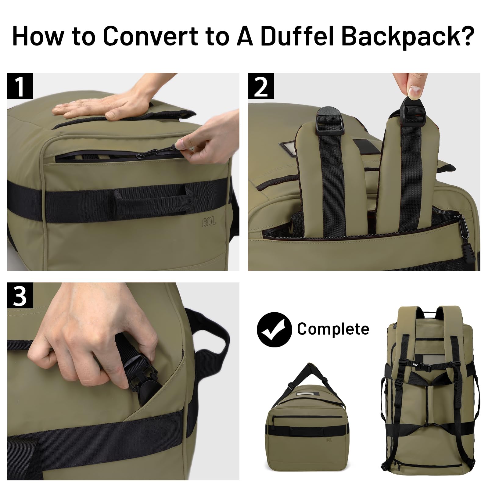 MIER 40L/60L/90L Water Resistant Backpack Duffel, Heavy Duty Duffle Bags