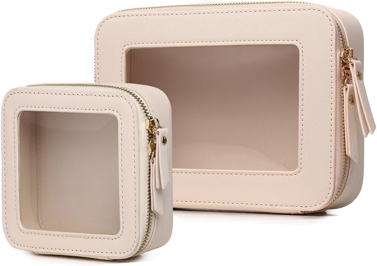 Clear Makeup Bag Set Portable Travel Cosmetic Bag and Toiletry Bag Women's Purse Pouch Cosmetic Stroage Organizer Bag with Zipper Car Essentials (Beige, M+Mini)