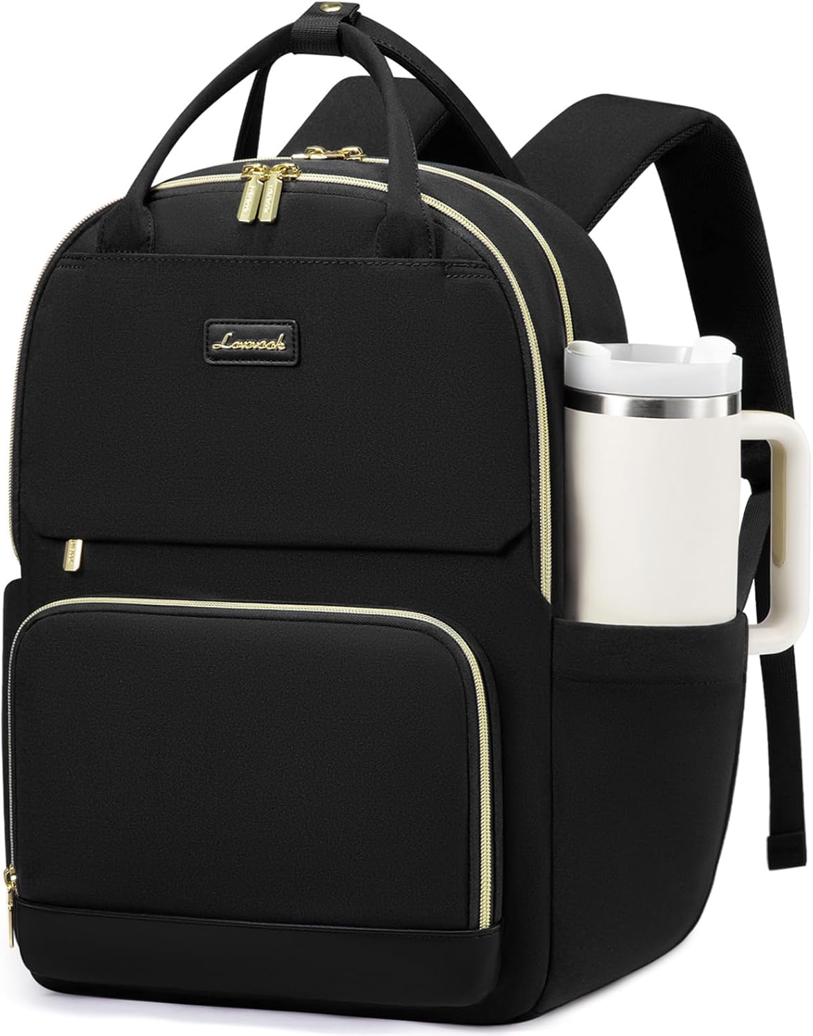 LOVEVOOK Laptop Backpack for Women with Giant Tumbler Holder Pocket, 15.6 inch Travel Work Backpack Purse for Teacher Nurse, Waterproof College Book Bag Cute Casual Daypack, Black