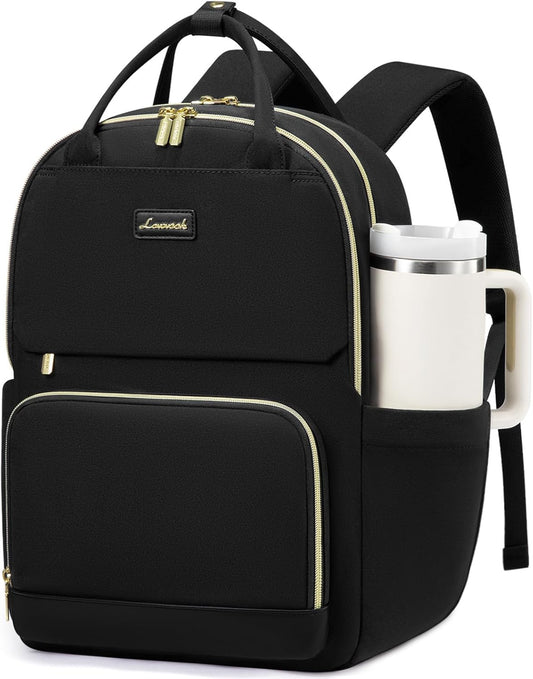 LOVEVOOK Laptop Backpack for Women with Giant Tumbler Holder Pocket, 15.6 inch Travel Work Backpack Purse for Teacher Nurse, Waterproof College Book Bag Cute Casual Daypack, Black
