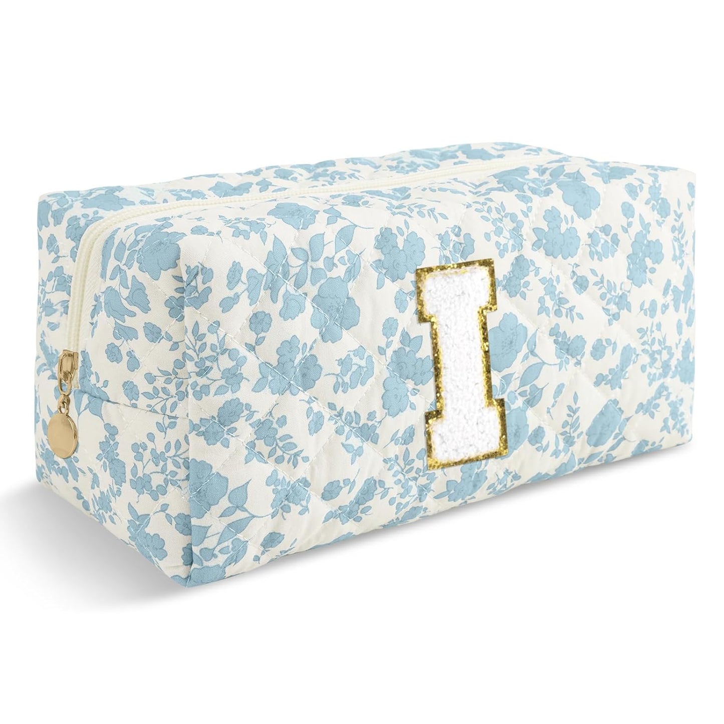 Personalized Quilted Cosmetic Bag, Puffy Monogrammed Christmas Birthday Gifts for Women & Girls, Cute initial Floral Makeup Bag Puffer Coquette Bag, Aesthetic Travel Toiletry Zipper Pouch(Blue,I)
