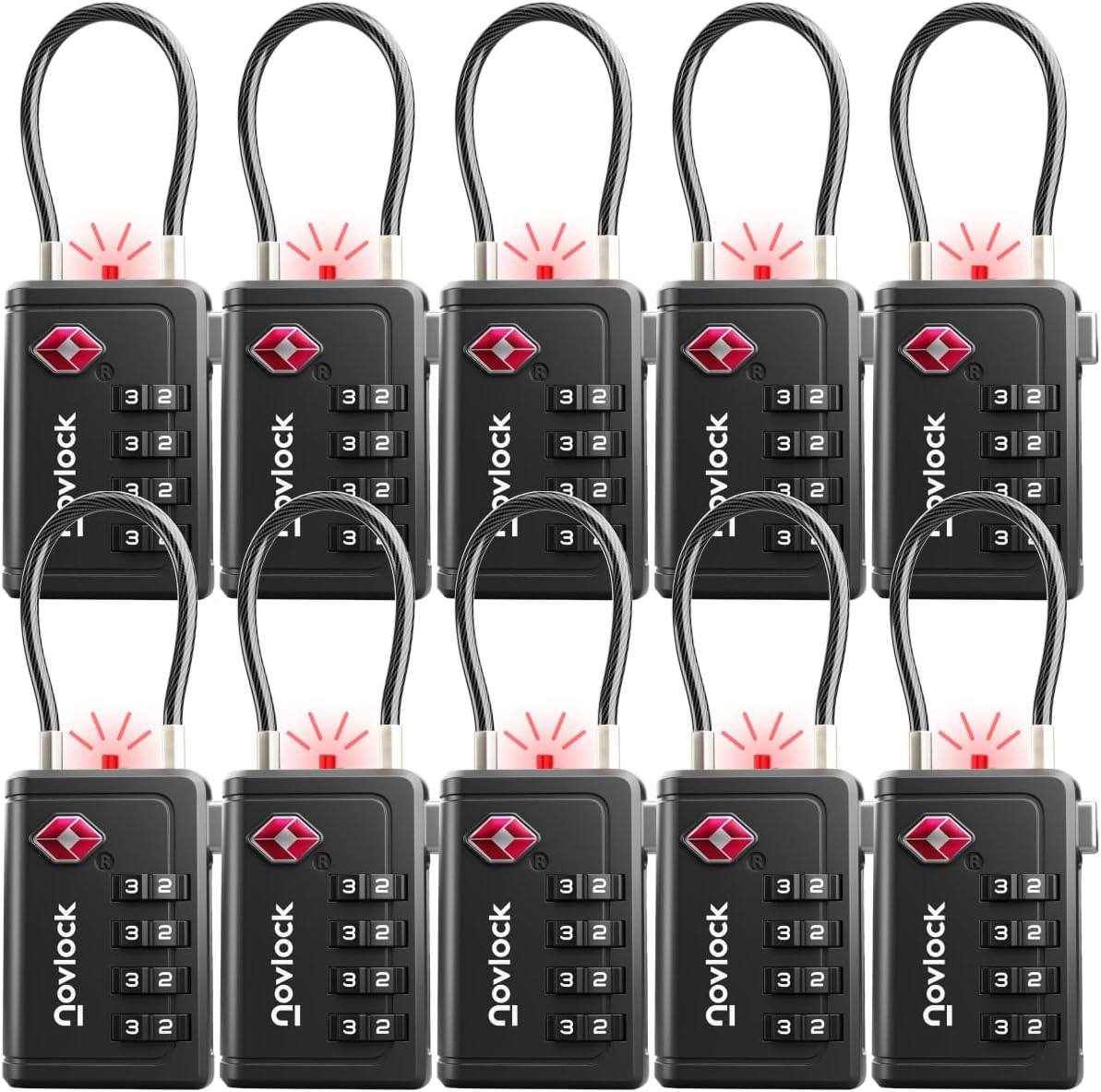 TSA Approved Luggage Locks | Inspection Indicator, 4-Digit Combination, Durable Zinc Alloy | for Suitcases, Backpacks, Travel Bags | Black, 10-Pack