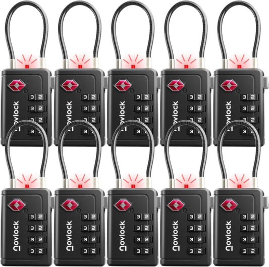 TSA Approved Luggage Locks | Inspection Indicator, 4-Digit Combination, Durable Zinc Alloy | for Suitcases, Backpacks, Travel Bags | Black, 10-Pack