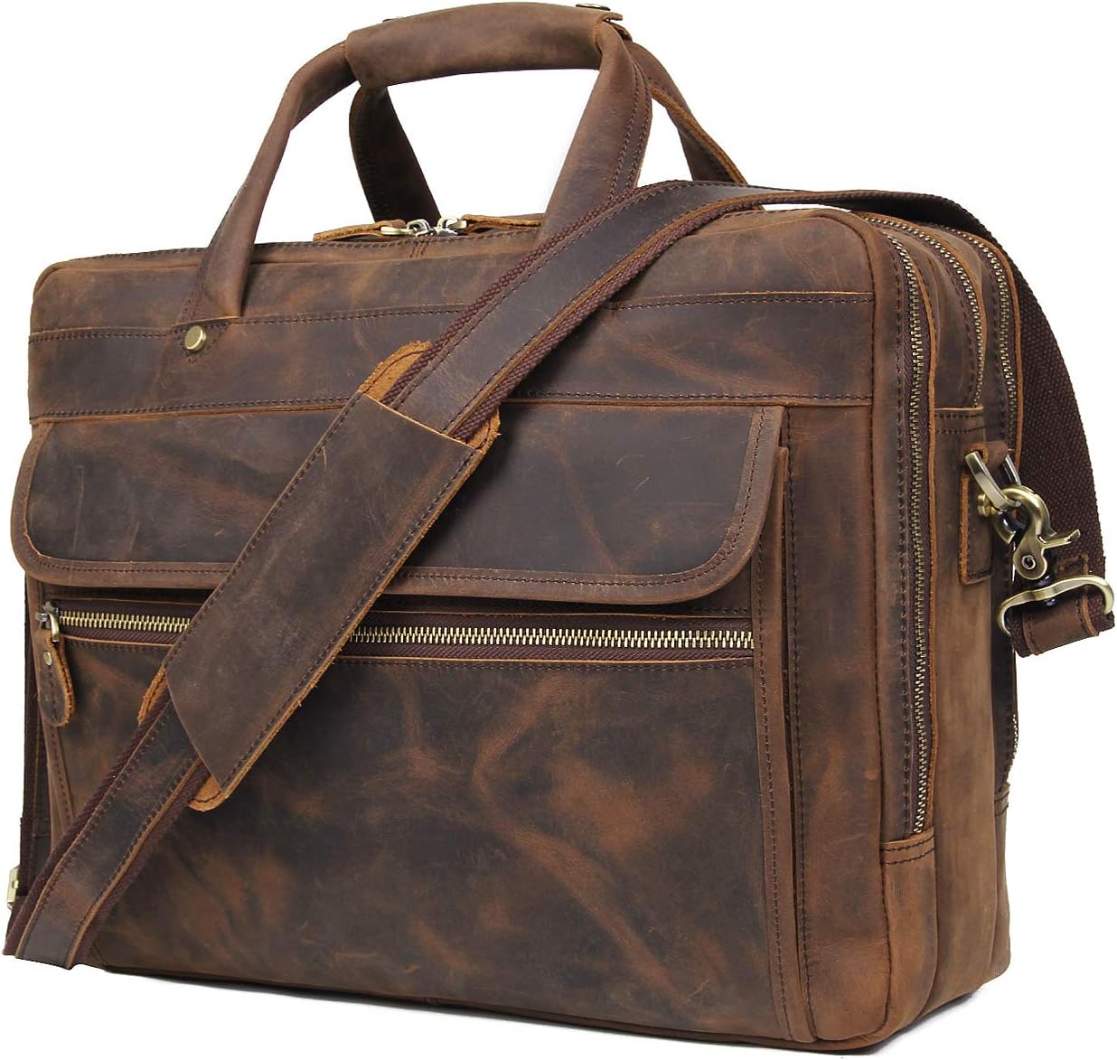 Augus Leather Briefcase for Men Business Travel Messenger Bags 15.6 Inch Laptop Bag YKK Metal
