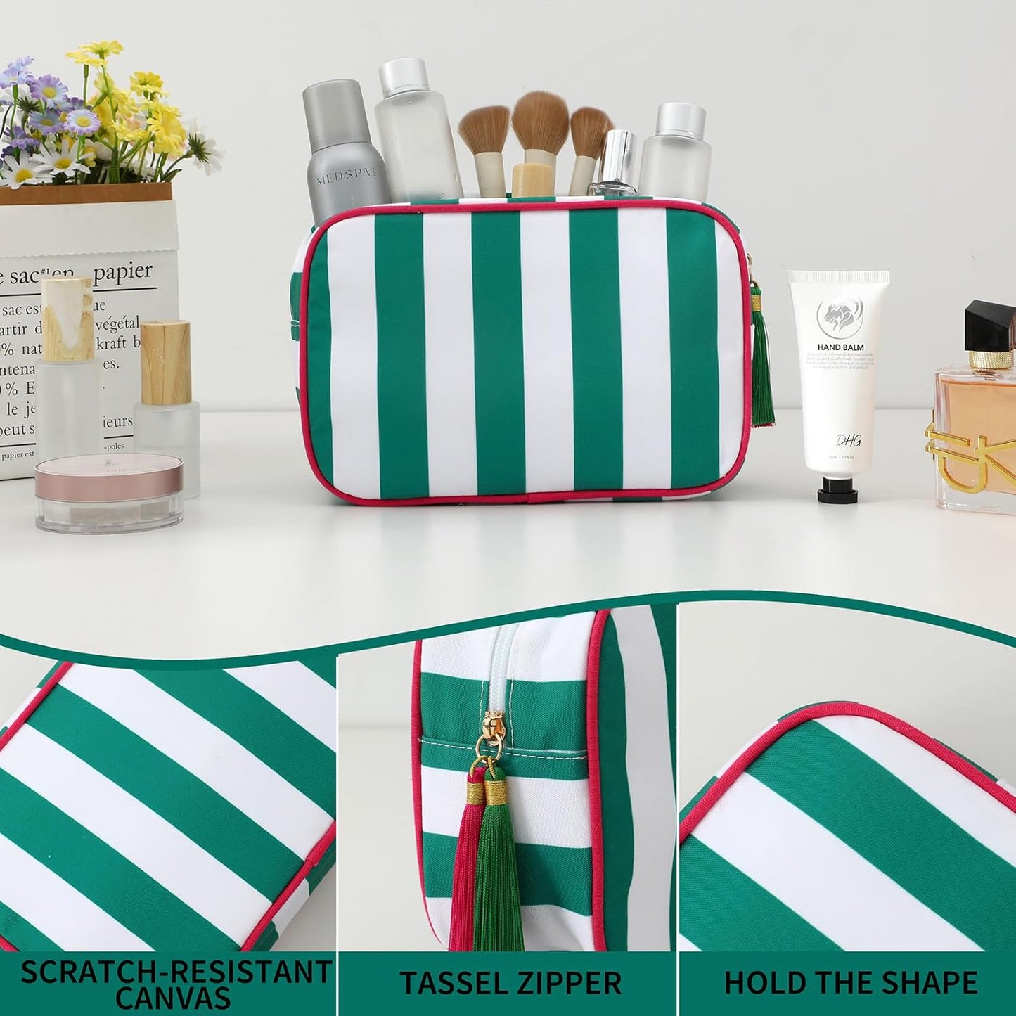 Stripe Makeup Bag Travel Cosmetic Bag Organizer Tassel Toiletry Bag Large Canvas Zipper Pouch and Accessories Storage Bag for Women