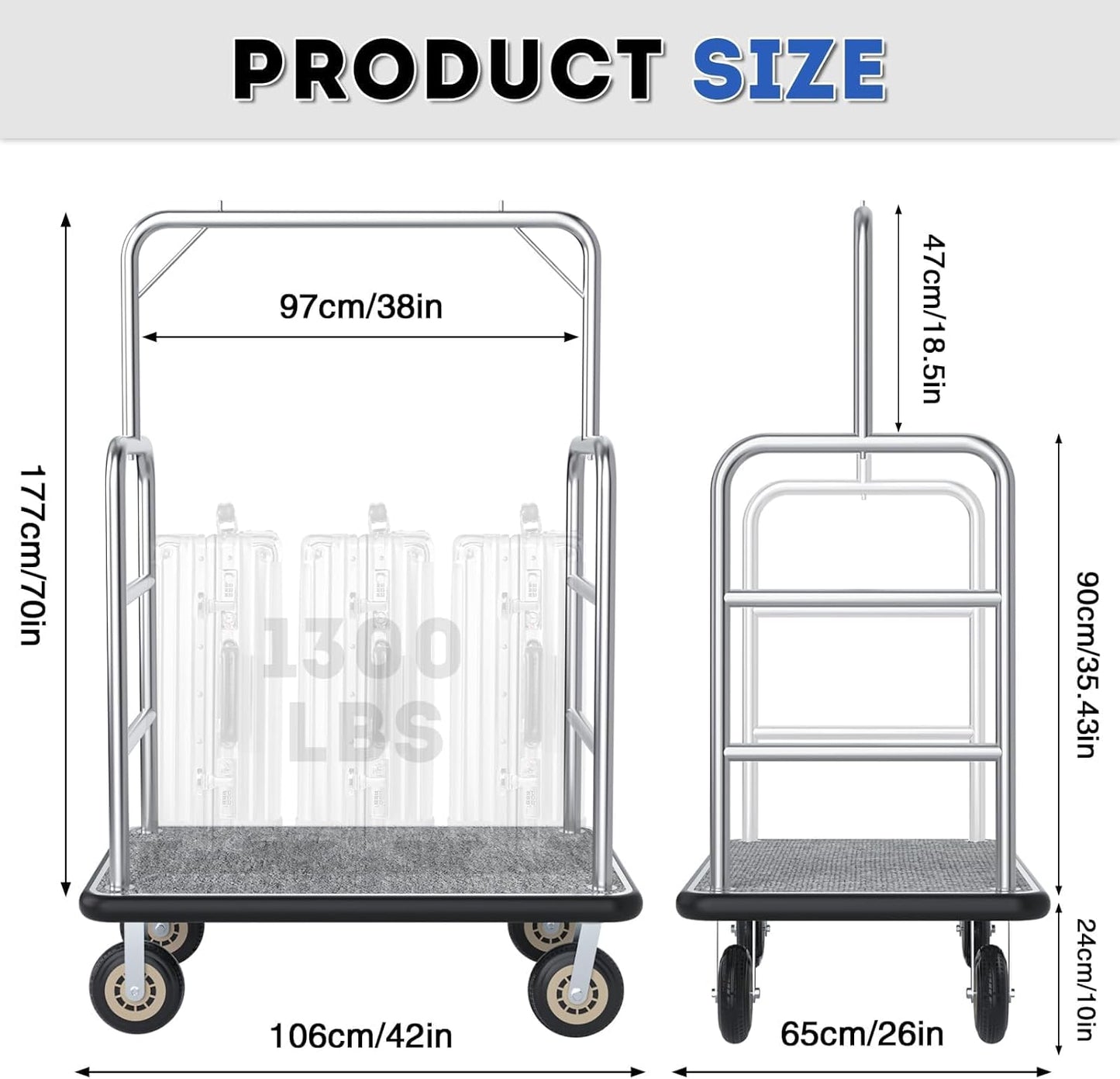Heavy Duty Luggage Cart - 8" Wheels with Brackets, Commercial Grade Hotel Luggage Trolley, Deluxe Rectangular Steel Bellman Cart with Platform for Hotels Use, 1300lbs Capacity