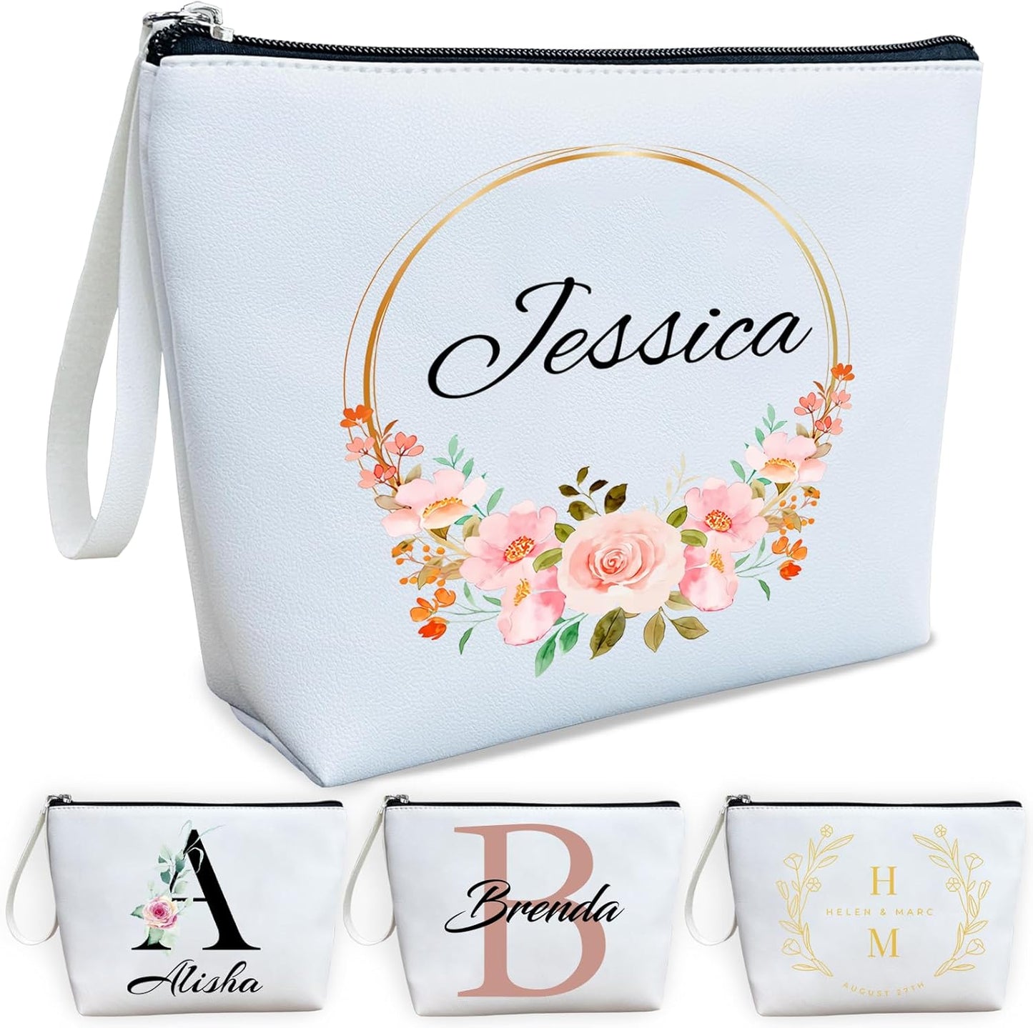 ubmpj Personalized Makeup Bag PU Leather Waterproof Custom Monogrammed Cosmetic Bag with Inner Pocket Gift for Wedding Birthday Christmas Bride Bridesmaid Friends