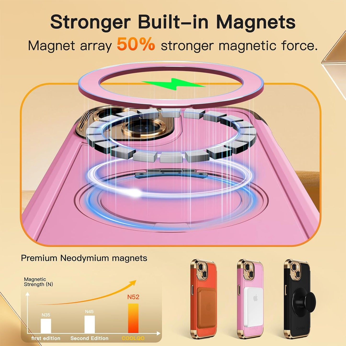 COOLQO for iPhone 15 Case 6.1'' Upgraded 360° Spin Magnetic Stand [Compatible with Magsafe][Military Protection] Plating Matte Scratch-Resistant Back Protective Shockproof Phone Case, Pink Gold