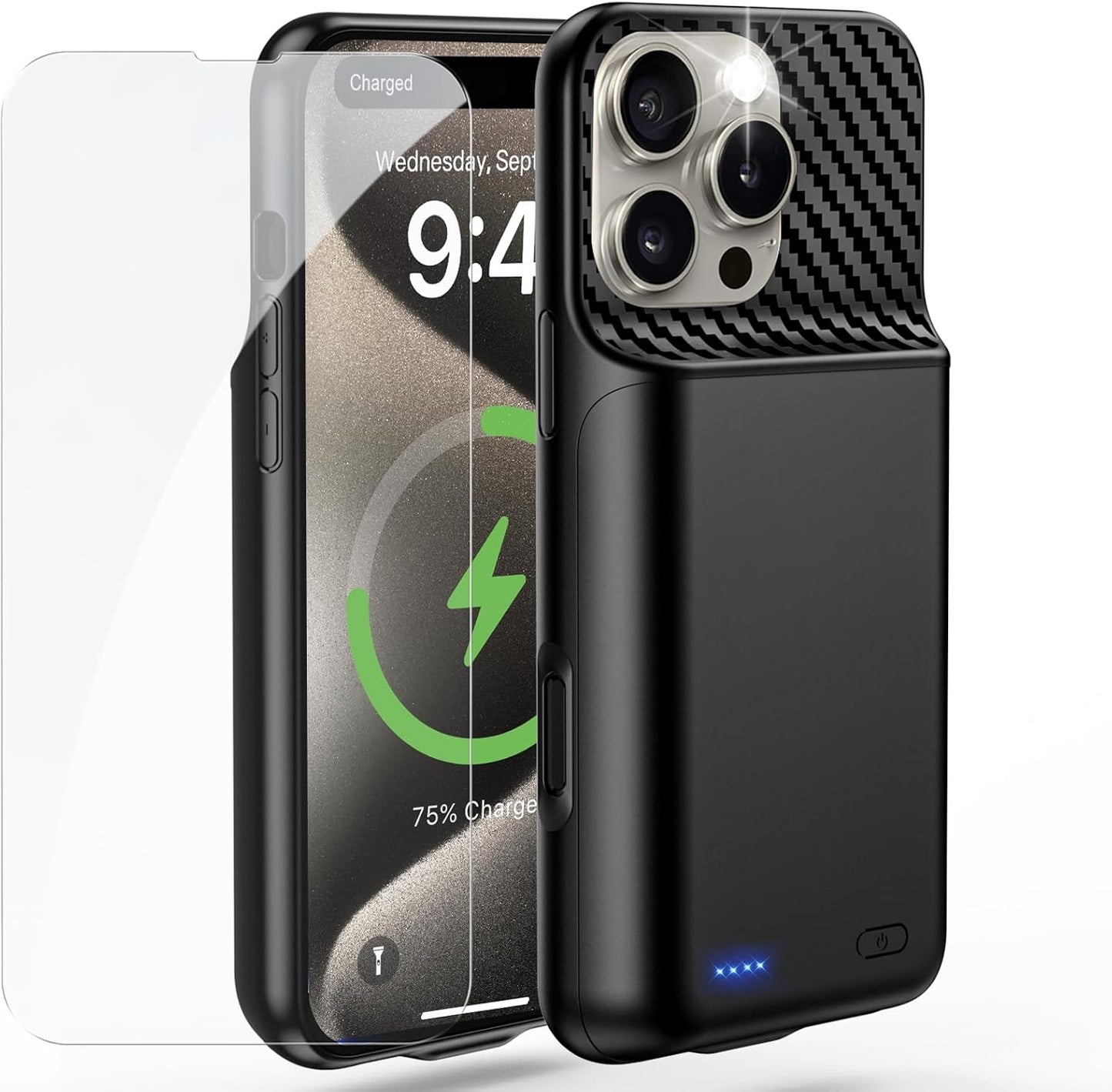Battery Case for iPhone 15 Pro Max (6.7 inch), 2025 Upgraded High Capacity 13800mAh Battery Pack Rechargeable Charger External Charging Case with Tempered Glass Screen Protector Black