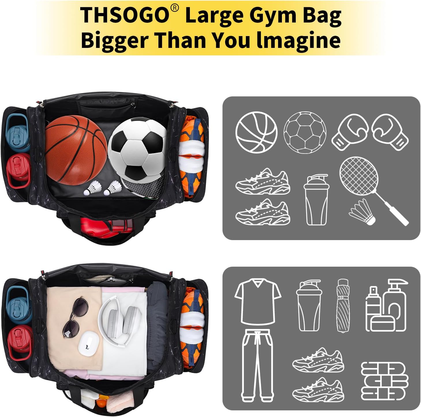 22 inch Gym Bag for Men - 55L Large Travel Duffle Bag Sports Equipment Bag with Multiple Zippered