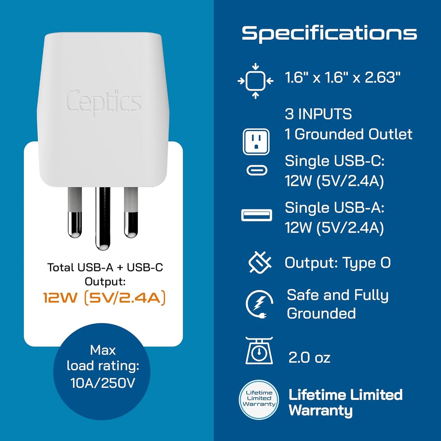 Ceptics Thailand Travel Plug Adapter – Type O Power Adapter with USB-C & A + USA Input – Ultra