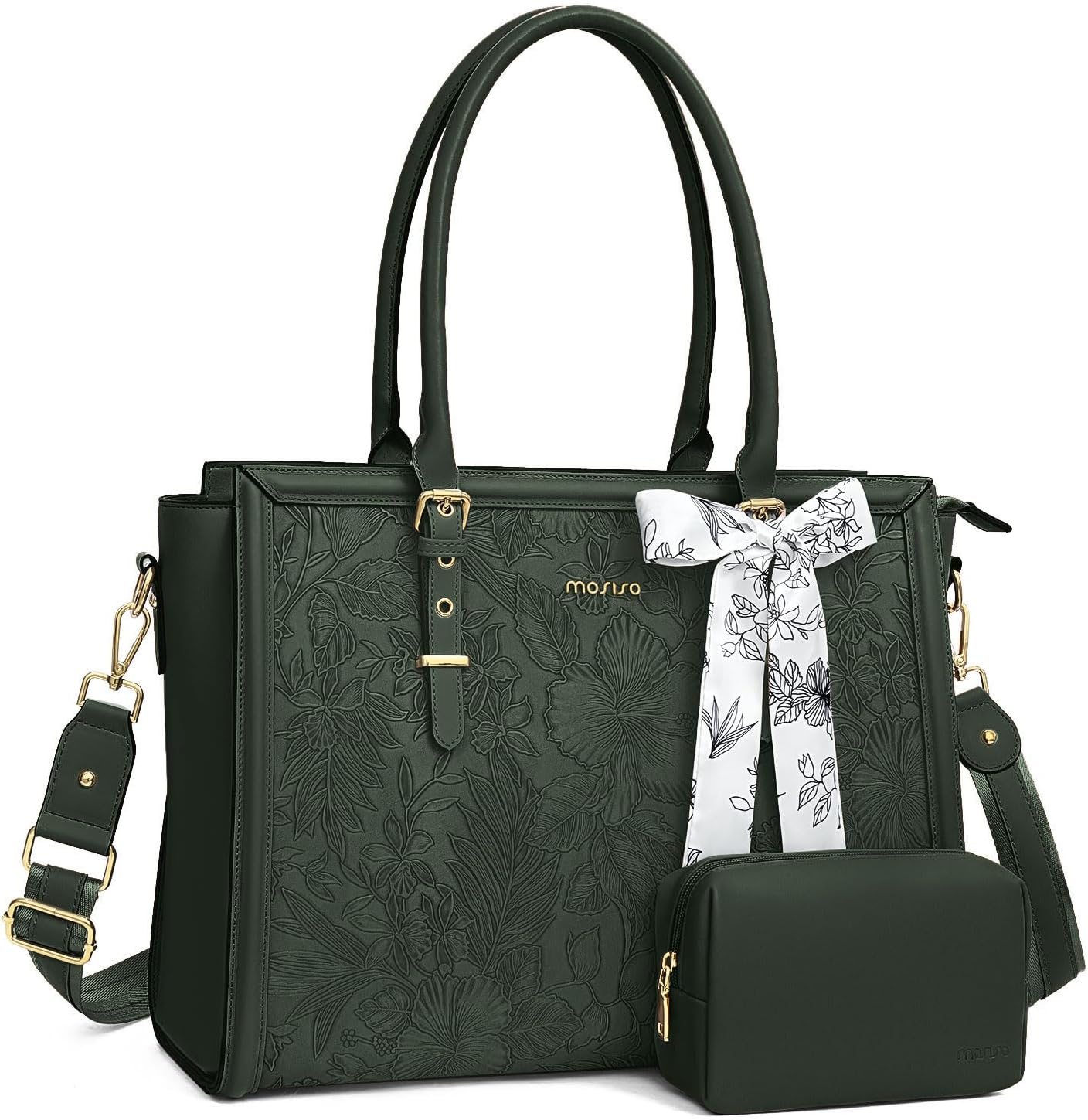 MOSISO Laptop Bag for Women, PU Leather Tote Bag, Front Embossed Retro Hibiscus Computer Bags with Silk Scarf&Clutch Purse