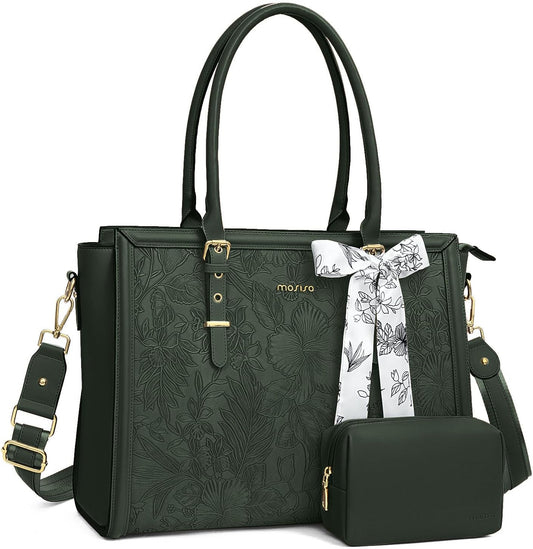 MOSISO Laptop Bag for Women, PU Leather Tote Bag, Front Embossed Retro Hibiscus Computer Bags with Silk Scarf&Clutch Purse
