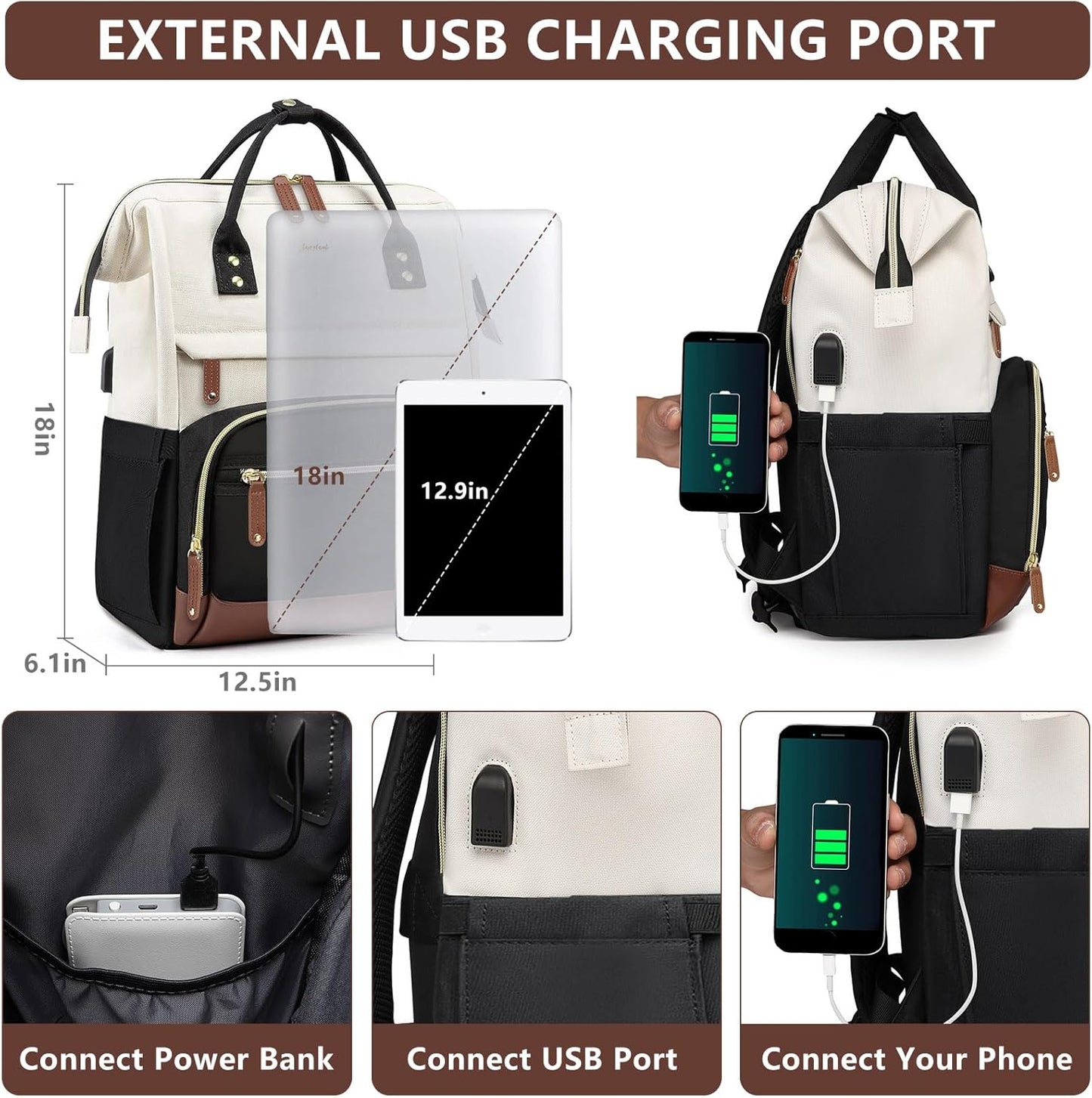 Laptop Backpack for Womem Work Bags: 18 Inch Anti Theft FashionTravel BackPacks With USB Charging Port Durable Back Pack Purse Bussiness Daypack for Nurse Teacher Beige Black Brown