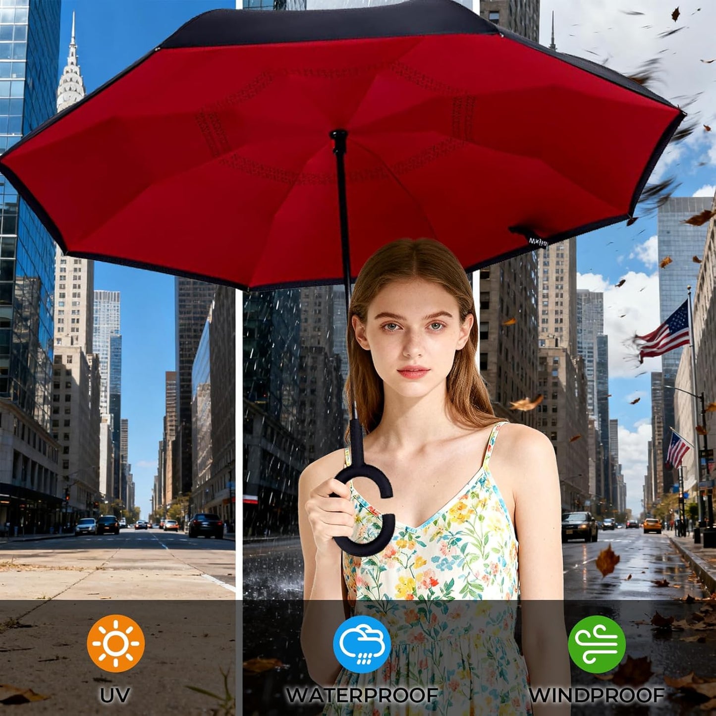 Inverted Umbrella, 49 Inch Double-Layer Vented Reverse Umbrella, Windproof Waterproof UV Protection, Lightweight C-Handle, Fiberglass Ribs, Steel Shaft, Travel/Commute/Car Use, With Sleeve