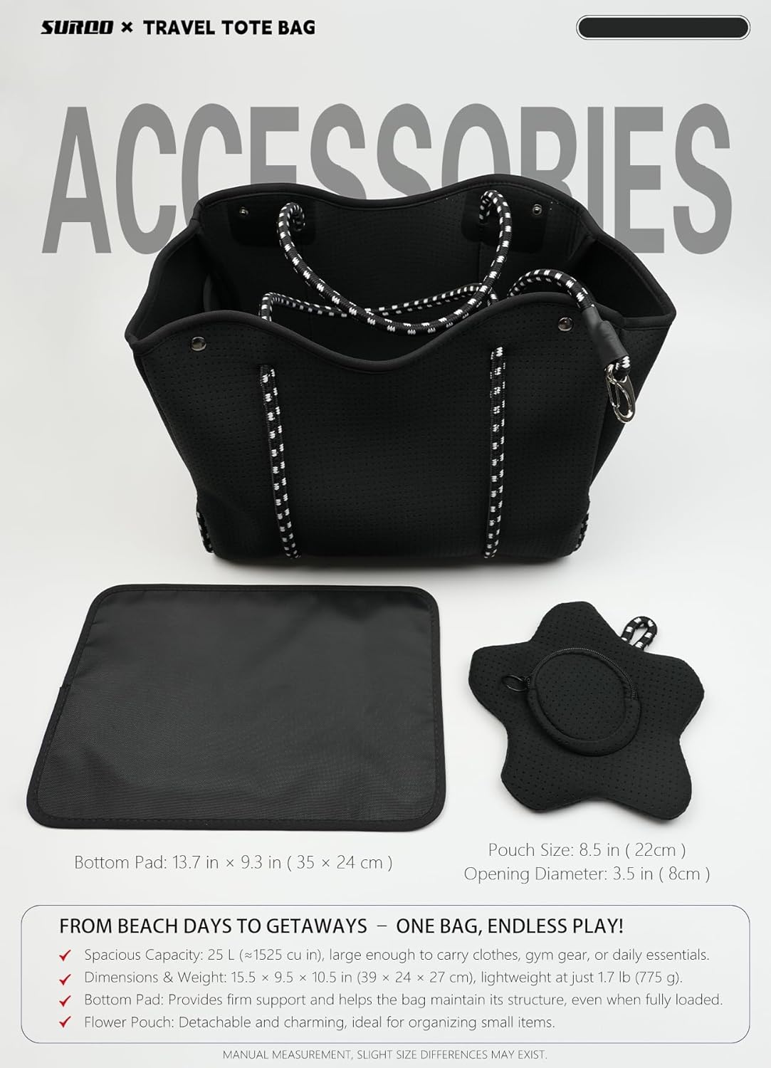 Neoprene Beach Bag for Women, Large Travel Tote Gym & Pool Bag, Detachable Pouch